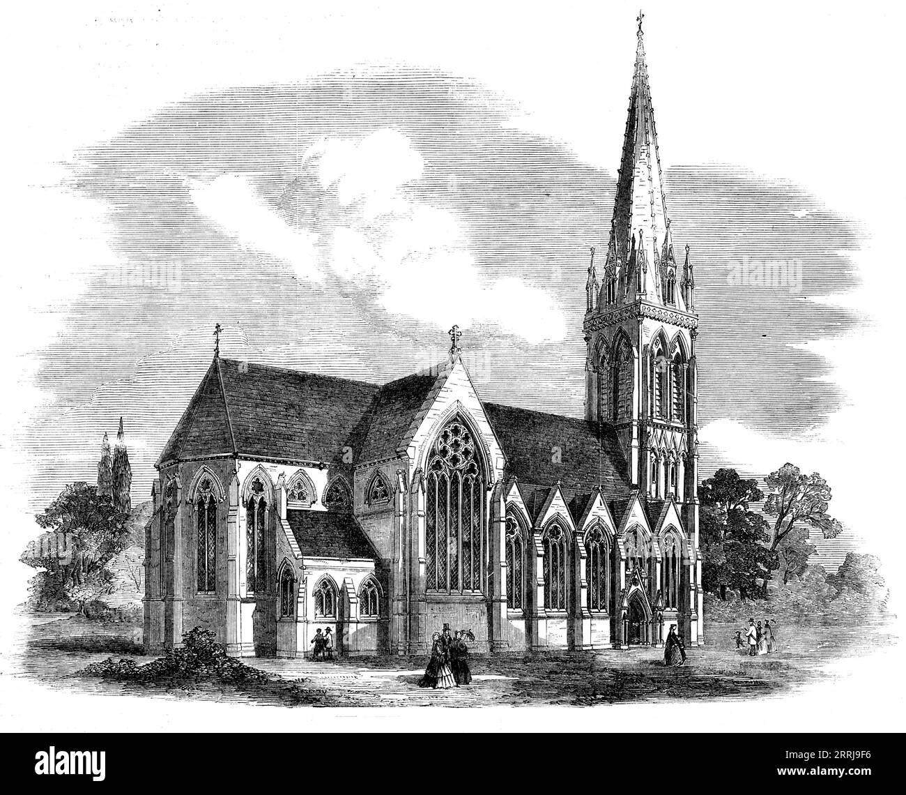 Nouvelle église de St. Mary, Stoke Newington, 1858. '...notre Illustration montre plutôt ce que le bâtiment doit être que ce qu'il est actuellement. Les travaux sont, cependant, toujours en cours... cette église est l'un des exemples les plus favorables de l'architecture ecclésiastique qui a été exécutée dans la banlieue de Londres à notre époque... les plans de cette église ont été fournis par G. G. Scott, Esq., architecte, Spring-Gardens, Londres. M. George Myers est l'entrepreneur de l'immeuble, dont le contremaître pratique est M. Sampson Groves, et M. Allen, le commis aux travaux ; le tout agissant sous la direction du supervisio Banque D'Images