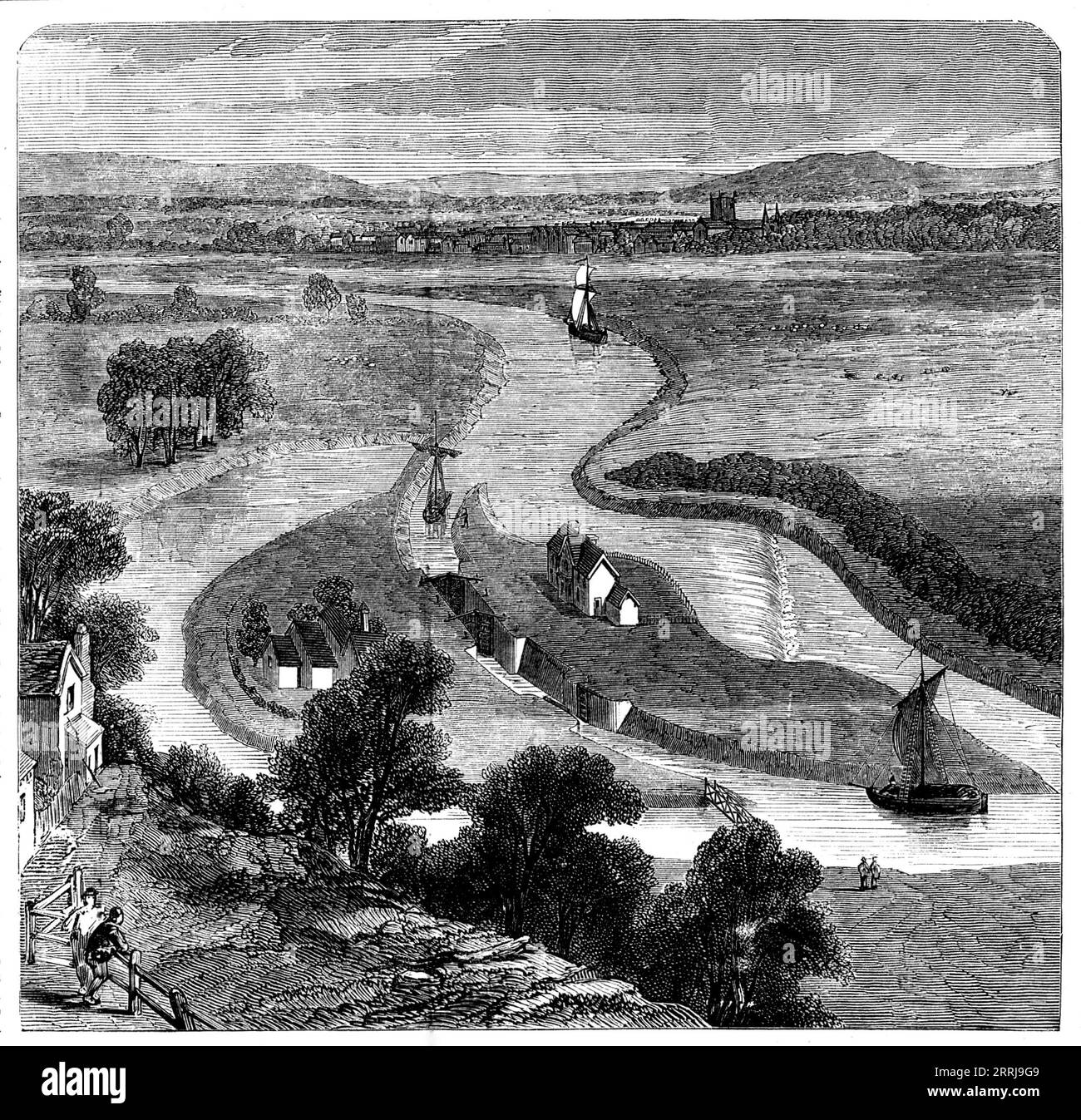 Un nouveau canal à Upton-on-Severn, ouvert le 10 août 1858. "Les travaux pour l'amélioration de la navigation de la rivière Severn au haut lode, près de Tewkesbury, forment le dernier d'une série projetée par Sir William Cubitt quelques années depuis... les travaux... ont été conçus et ont été exécutés par M. Eheader Williams, l'ingénieur de la Commission Severn, assisté par son fils, M. Alfred Williams, qui a agi comme ingénieur résident... [ils] comprennent une serrure... [et] une basin...inclosed par une troisième paire de portes, qui, lorsqu'elles sont utilisées avec les portes supérieures de l'écluse, convertit l'ensemble du spac intermédiaire Banque D'Images