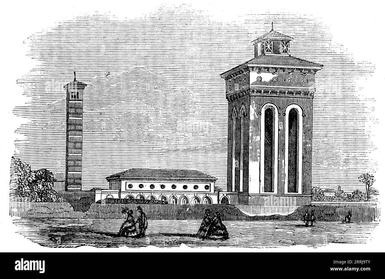 Worthing Water-Works, 1858. '...l'un des exemples les plus favorables et les plus réussis de travaux sanitaires exécutés sous l'autorité de la loi sur la santé publique...à mesure que la population [de Worthing] augmentait, son drainage, qui dès le début était sans plan ni arrangement, s'avérait nécessairement déficient. Les égouts ont déversé leur contenu sur le rivage, rendant une station balnéaire à la belle Esplanade pendant le reflux de la marée excessivement désagréable... le château d'eau, la maison des machines, et le puits de cheminée... ont été conçus par Robert Rawlinson, Esq., C.E. le château d'eau a une élévation totale de 110 frais Banque D'Images