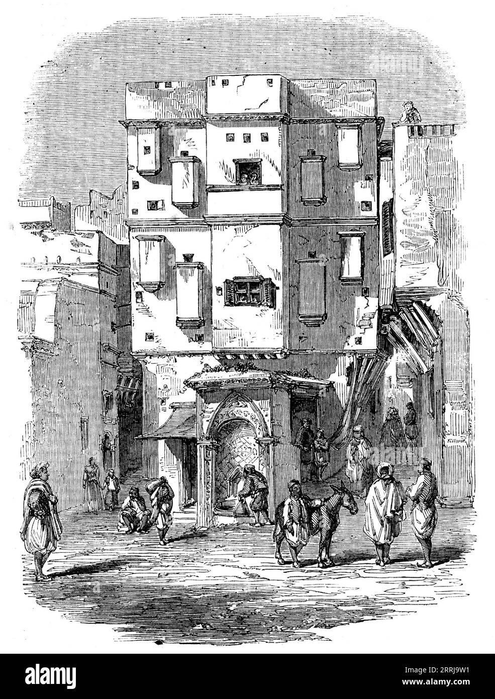 Fontaine sur la petite place, Alger, 1858. « Dans toutes les villes mahoméennes, les fontaines sont très nombreuses et pittoresques, et souvent magnifiques. Autour d'eux, des groupes caractéristiques sont toujours assemblés, et les bocaux à eau sont des accessoires très gracieux. A Alger, les transporteurs d'eau professionnels sont les Biskri, une race industrieuse des oasis du Grand Sahara...à ou près de chaque fontaine il y a toujours un groupe de Biskri, avec leurs grands pots d'eau en cuivre, en attente d'emploi, dont il y a beaucoup, pour beaucoup de maisons puisent leur approvisionnement entier en eau des fontaines publiques... beaucoup de la Maure Banque D'Images