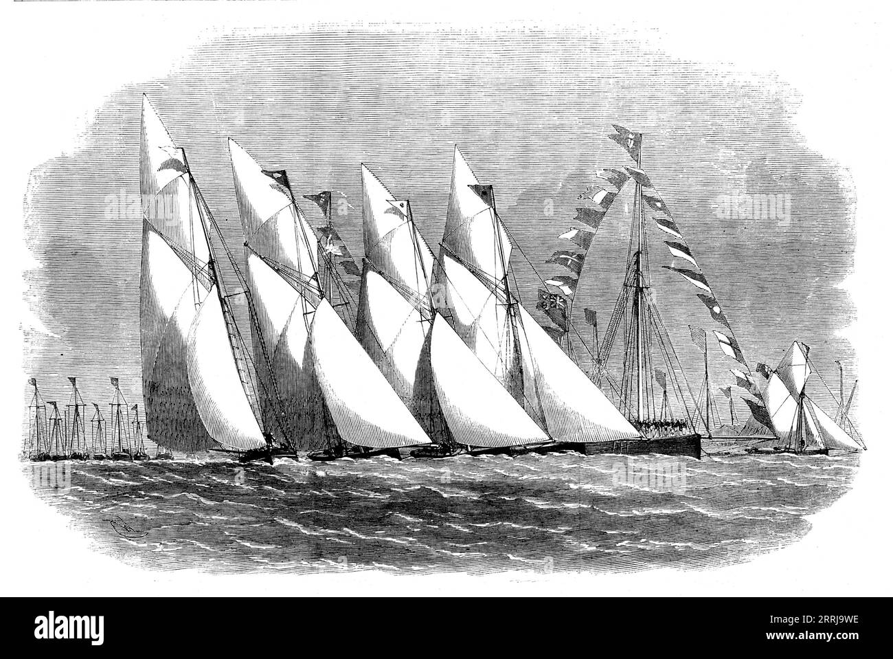 Paglesham Regatta - début de la première classe Oyster-smacks, 1858. 'Britannia ; Rosalind ; Don Juan ; Waterwitch ; Gnome... la journée était magnifiquement belle, avec une bonne brise du nord-ouest. Au centre de la rivière, habillé gaiement, se trouvait le Gnome Yawl, A. Arcedeckne, Esq., commodore du Royal London Yacht Club, qui avait gentiment fait de son navire le navire amiral de la journée... le cours était juste d'en haut du navire drapeau pour contourner un bateau au large de Bramskill, retour autour d'un bateau au large de Black Edge, deux fois plus, et finir le Gnome... la rivière a été animée par la présence de plusieurs yachts à voile. À l'altitude Banque D'Images