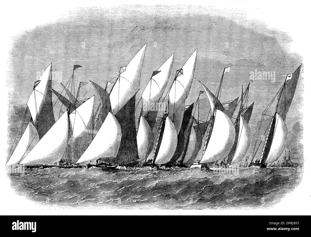 Le match du Royal Thames Yacht Club, 1858. « Whisper ; Undine ; Zuleika ; Oriole ; Julia; DART ; Violet, Midge ; Silver Star ; Emily; Pearl ; Vampire... le signal pour se mettre en route a été tiré par la direction du noble Commodore à 11.33, moment où il y avait une bonne brise de l'ouest, avec une petite brèche de sud en elle. Ils se sont tous inclinés au même moment, et ont mis leurs voiles avec une grande alacrité, formant l'un des départs les plus beaux et les plus imposants que nous ayons jamais vu... le trio de tête au-dessus de Gravesend... ont été trouvés presque en feu, le vent, qui s'était encore déplacé vers le nord, étant mort. Banque D'Images