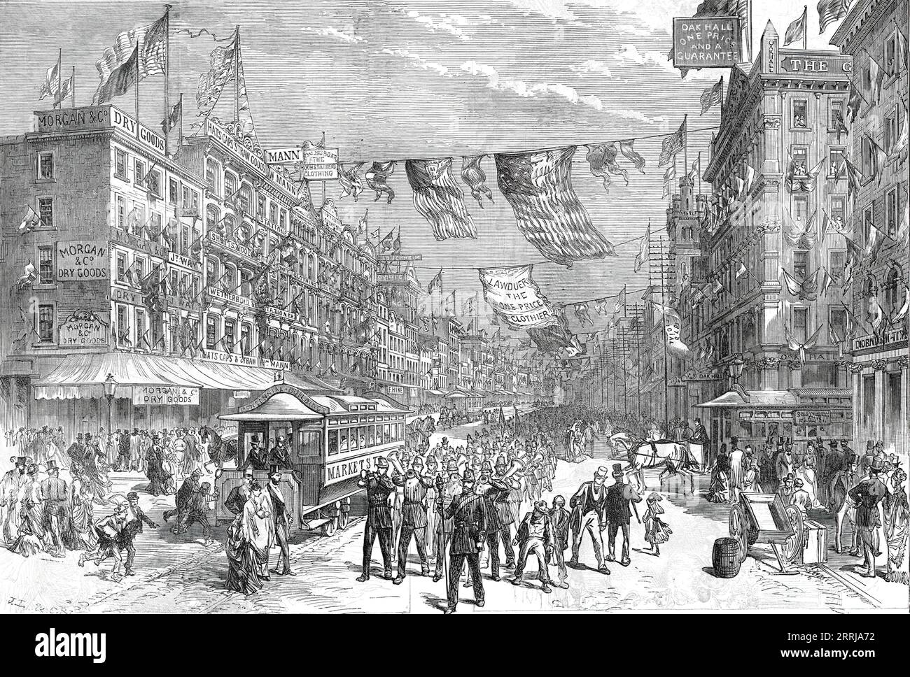 Rue à Philadelphie le jour d'ouverture de l'exposition américaine du centenaire, d'après un croquis de notre artiste spécial, 1876. Extrait de "Illustrated London News", 1876. Banque D'Images