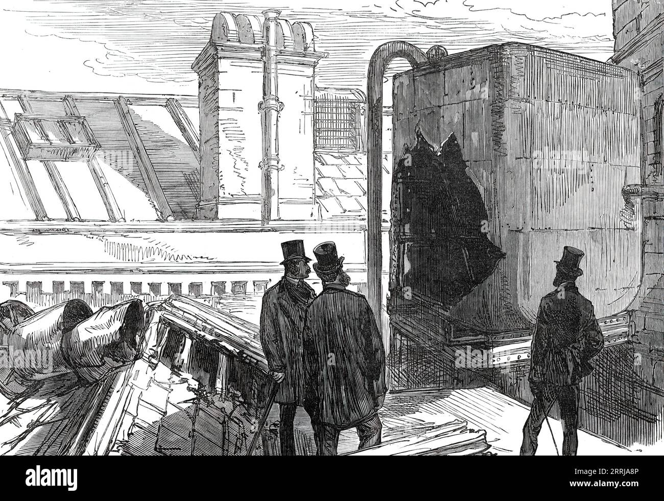 L'accident de St. George's Hospital : la citerne sur le toit, 1876. 'Une des patientes... est décédée hier semaine des effets du choc causé par cet accident extraordinaire...[elle est tombée à travers] un trou dans le sol étant fait par la chute d'un gros morceau du réservoir d'eau du toit. Le réservoir... contenait au moment de l'accident vingt-cinq tonnes d'eau, soit 5000 gallons. Le côté est du réservoir était celui qui avait cédé ; il y avait un grand trou déchiqueté brisé en elle... l'alarme a d'abord été donnée par une infirmière de nuit qui était en congé, et s'est trouvé à voir un peu d'eau couler faire Banque D'Images