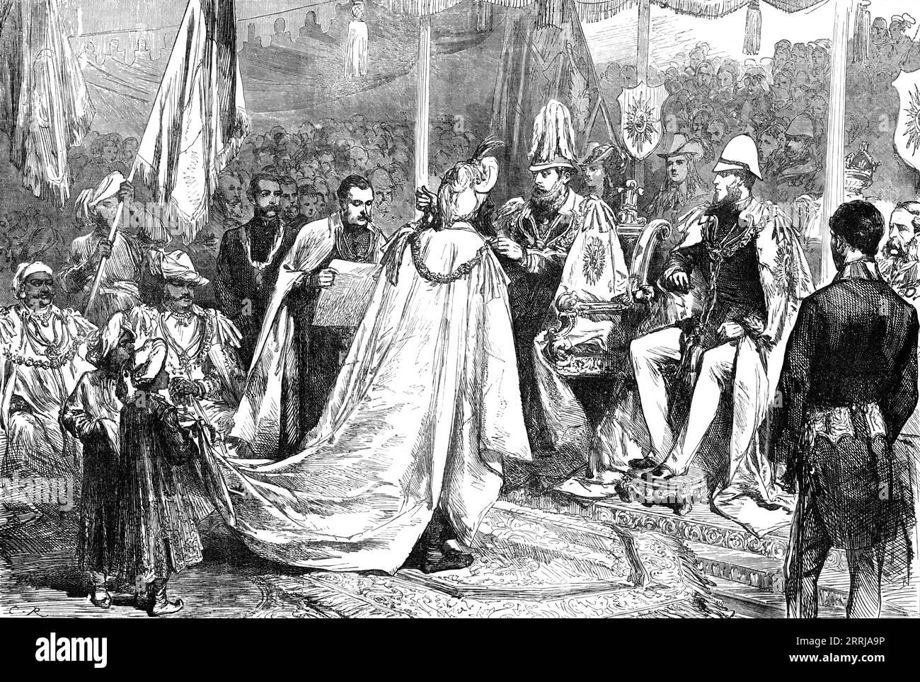 Le prince de Galles investit un prince autochtone avec la Grande Croix de l'étoile de l'Inde à Calcutta, 1876. Le futur roi Édouard VII accorde une décoration à un souverain indien. Alors que le prince montait sur les quais, le groupe jouait l'hymne national... les Grands Commandeurs se sont tous inclinés devant lui comme il passait et comme il s'asseyait, les Princes seuls suivant l'exemple de Liis. La grande tente présentait maintenant une apparence des plus brillantes. En deux lignes devant les figures centrales sur le trône se trouvaient les grands princes de l'Inde, enflammés de bijoux. Derrière eux se trouvaient leurs préposés, à peine moins brillants. À th Banque D'Images