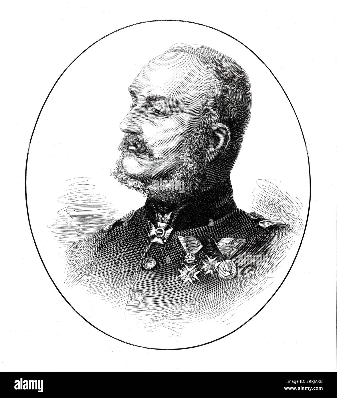 Roi George V. de Hanovre, 1876. Gravure d'après une photographie de Tagerspacher, de Gmunden. Bien que né à Berlin, nous ne pouvons considérer le roi George comme autre chose qu'un Anglais. Étroitement allié par la famille et le royaume qu'il a perdu, un prince du Royaume-Uni et cousin Germain de la Reine, un duc anglais et un comte irlandais, et maintenant un général dans l'armée britannique, le souverain d'un royaume qui nous a donné des rois, et dont les soldats ont combattu nos batailles continentales, le lien de connexion entre le roi de Hanovre et l'Angleterre est très étroit en effet... il n'y a guère une famille de note qui n'a pas payé Banque D'Images