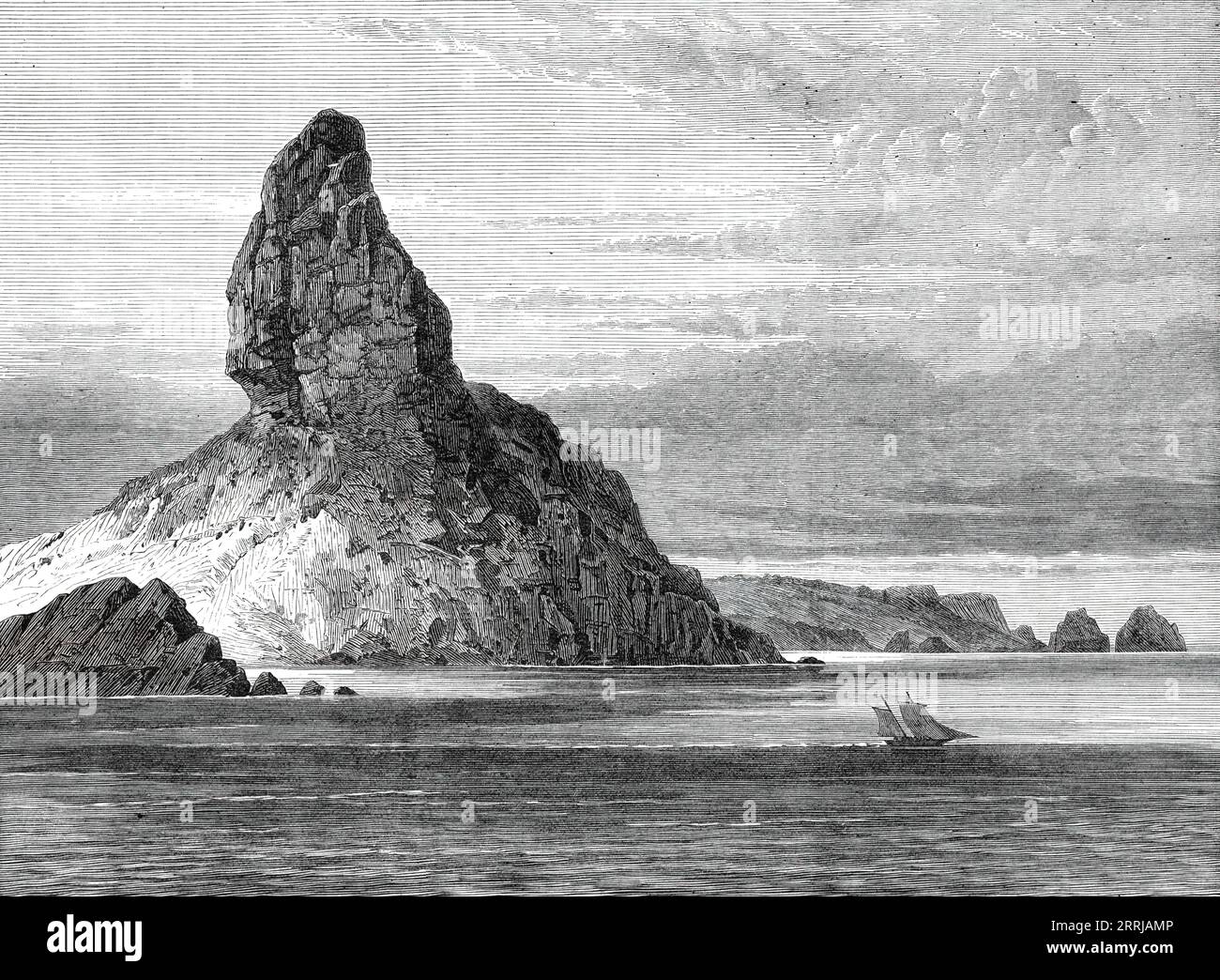 Croquis de H.M.S. Challenger, par M. J. J. Wild : pic de Fernando Noronha, 1876. 'L'île de Fernando Noronha, dans l'Atlantique, à trois ou quatre degrés au sud de l'équateur, a été visitée par le Challenger au début du voyage. Il est maintenant utilisé comme un règlement pénal par le gouvernement brésilien, mais le gouverneur a refusé la permission de l'explorer. Son sommet, montré dans le croquis, forme un obélisque gigantesque d'environ 1000 pieds. haut, qui, en raison de sa forme particulière - un côté surplombe sa base - sert de point de repère visible pour le marin. M. Darwin, qui a visité l'île en 1832, sup Banque D'Images