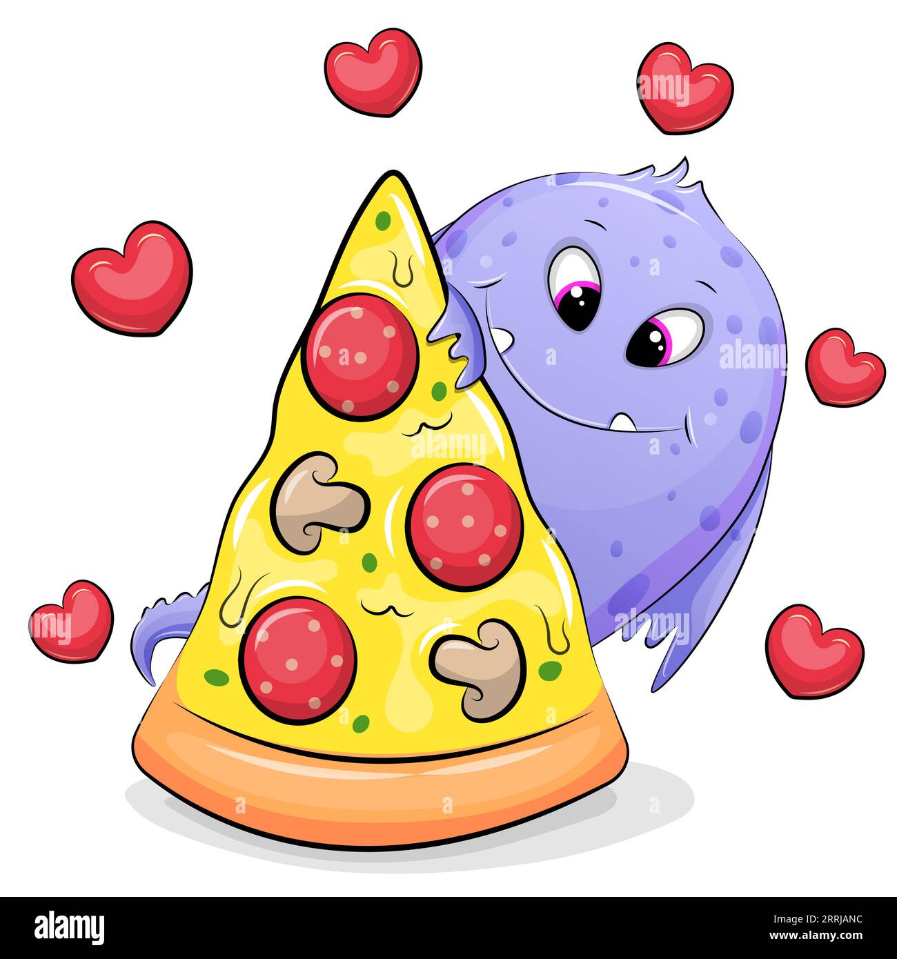 Mignon monstre violet de bande dessinée avec un gros morceau de pizza. Illustration vectorielle d'un animal sur un fond blanc avec des coeurs rouges. Illustration de Vecteur