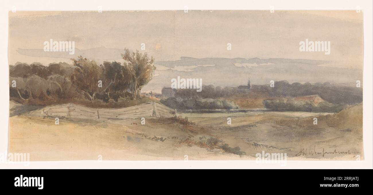 Paysage panoramique, 1850-1903. Tour de l'église au loin. Banque D'Images