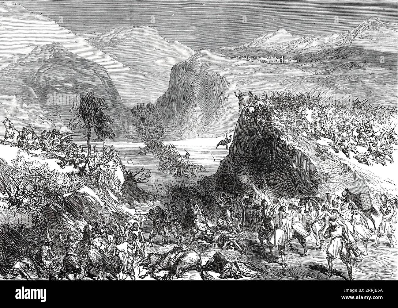 La guerre en Herzégovine : combat sur le Gatschko, près de Lipnik, d'après un croquis du correspondant du "Russki Mir", 1876. Vue de '...le combat sur la rivière Gatschko, où les Turcs ont subi une grande perte dans leur retraite de la scène de leur défaite de signal à Muratovitza le 6 avril. La rivière près de Lipnik, entre Piva et la ville de Gatschko, était si gonflée et si rapide qu'elle rendait le gué dangereux. Ici, les troupes étaient rassemblées dans une masse dense, entassant le gué. Beaucoup ont été emportés par le torrent et noyés, tandis que le tout a été exposé à l'onslaug furieux Banque D'Images