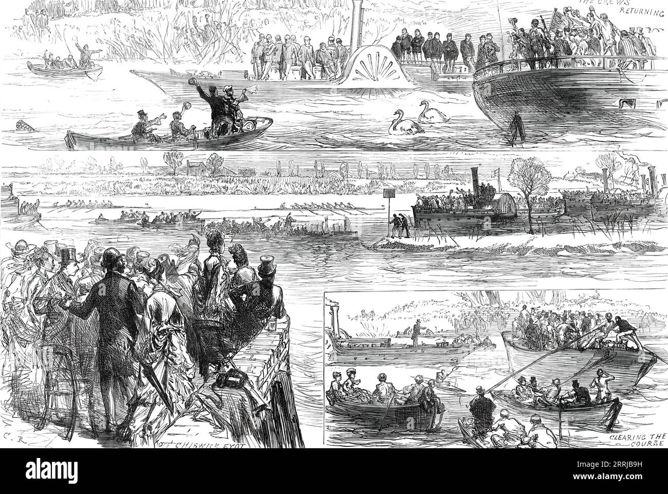 Croquis à la course de bateaux d'Oxford et Cambridge, 1876. Course annuelle d'aviron sur la Tamise à Londres. 'Les équipages reviennent ; au large de Chiswick Eyot ; Clearing the course. Chaque équipage est presque trois pierres plus lourd que ceux de l'année dernière, et nous remarquons que dans le bateau Oxford le côté coup est plus de deux pierres plus lourd que la proue ; tandis que les hommes de Cambridge sont assez également équilibrés. La saison dernière, la course et le côté proue du bateau Oxford étaient à moins de 7 livres l'un de l'autre, alors qu'il y avait une grande prépondérance de poids sur le côté course dans le bateau "bleu clair"... le "tournoi aquatique, Banque D'Images