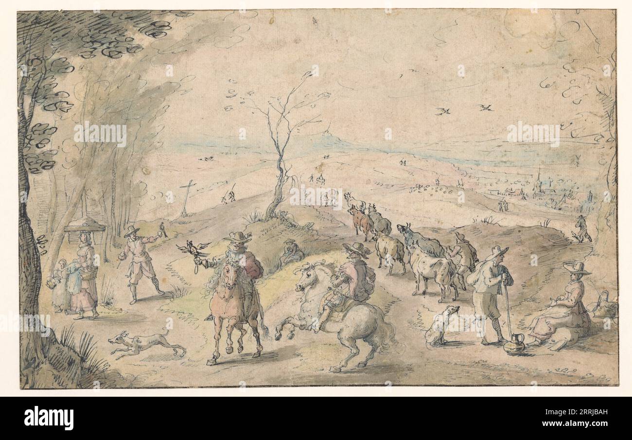 Paysage avec fauconniers et éleveurs, 1596-1653. Banque D'Images
