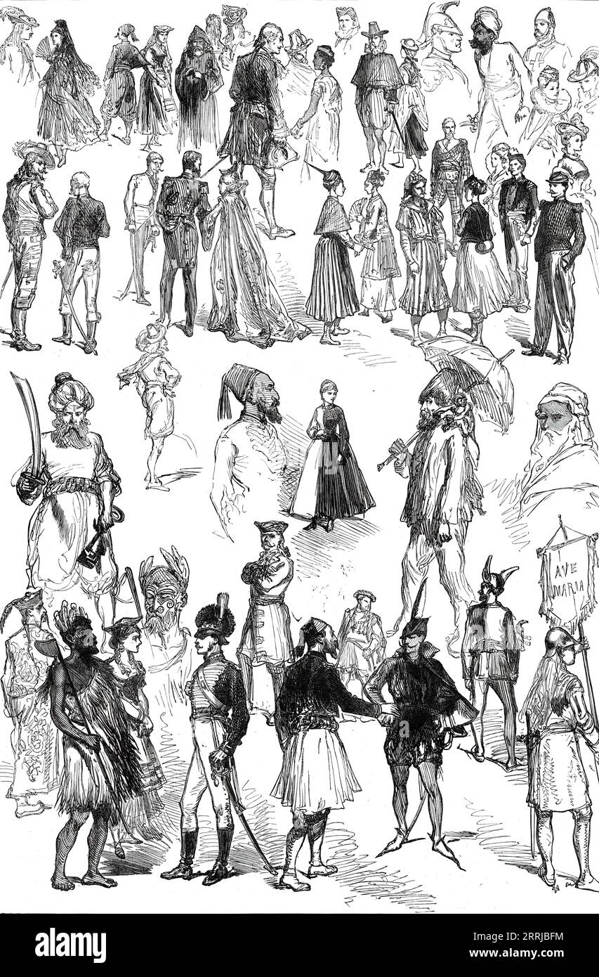 Notes au Fancy-Dress ball au château de Dublin, 1876. Robinson Crusoé, avec un singe de compagnie...Barbe Bleue, avec son cimitar...une fille habillée à moitié en noir et à moitié en blanc, pour représenter une pie...un Tunisien dans son pompon de fès...un chef albanais donnant sa main à Mephistopheles...un Maori de la Nouvelle réalité de Zealand...in nul autre que notre correspondant le capitaine Robley, [avec] papier et crayon, pour un croquis, caché sous son tablier de lin indigène... un mandarin chinois... Jeanne d'Arc, portant son drapeau, inscrit "Ave Maria"... le roi Henri VIII... un cavalier de l'armée de Charles Ier avec un Hungar Banque D'Images