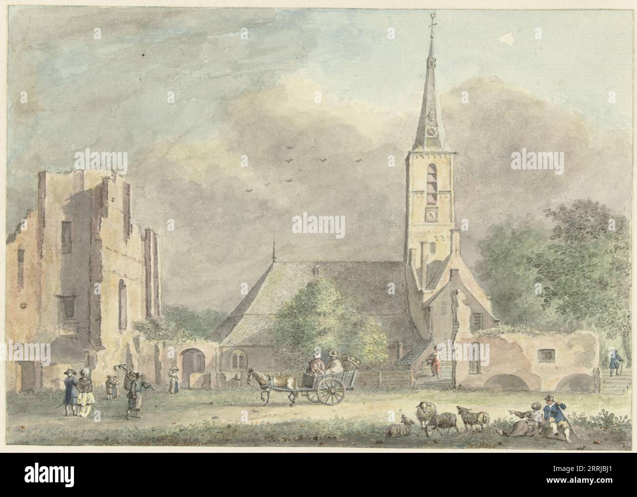 Église et ruines de l'abbaye de Rijnsburg, 1757-1822. Banque D'Images