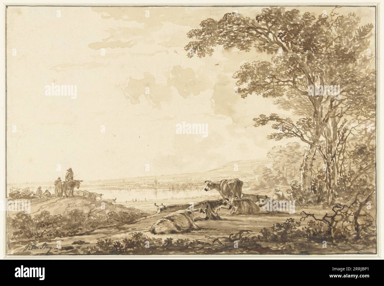 Paysage fluvial avec bétail au repos, 1766-1815. Banque D'Images