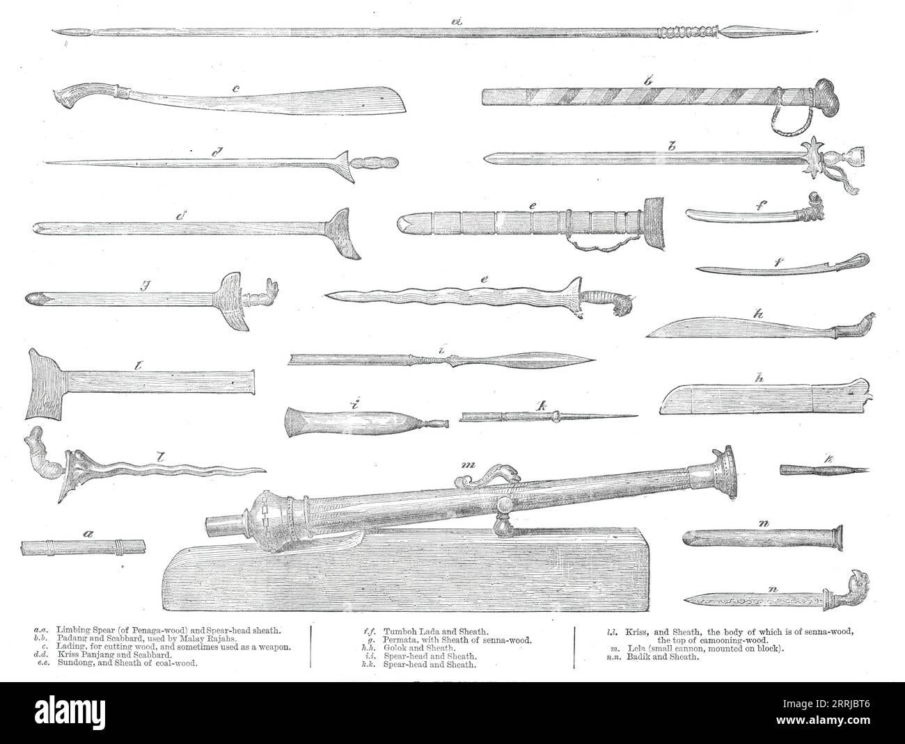 Armes utilisées par les Malais de Perak, 1876. a.a. : lance d'ourlet (en bois de Penaga) et gaine de lance ; b.b. : Padang et fourreau, utilisés par les Rajahs malais ; c. : Lading, pour couper le bois, et parfois utilisé comme arme ; d.d. : Kriss Panjang et fourreau ; e. : Sundong, et fourreau de bois de charbon ; F.f. : Tumboh Lada et Sheath ; h. de Permath ; e. : bois de sena : Golok et Sheath ; i.i. [et] k.k. : tête de lance et Sheath ; L.L. : Kriss, et Sheath, dont le corps est de bois de séné, le dessus de bois de camooning ; M. : Lela (petit canon, monté sur bloc) ; n.N. : Badik et Sheath. Les armes indigènes sho Banque D'Images