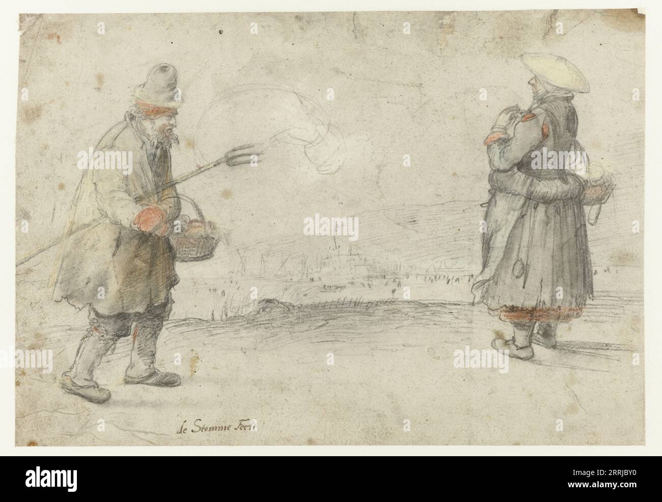 Études d'un homme et d'une femme debout sur la rive d'une rivière gelée, avec une ville au loin, c.1610-c.1615. Attribué à Hendrick Avercamp. Banque D'Images