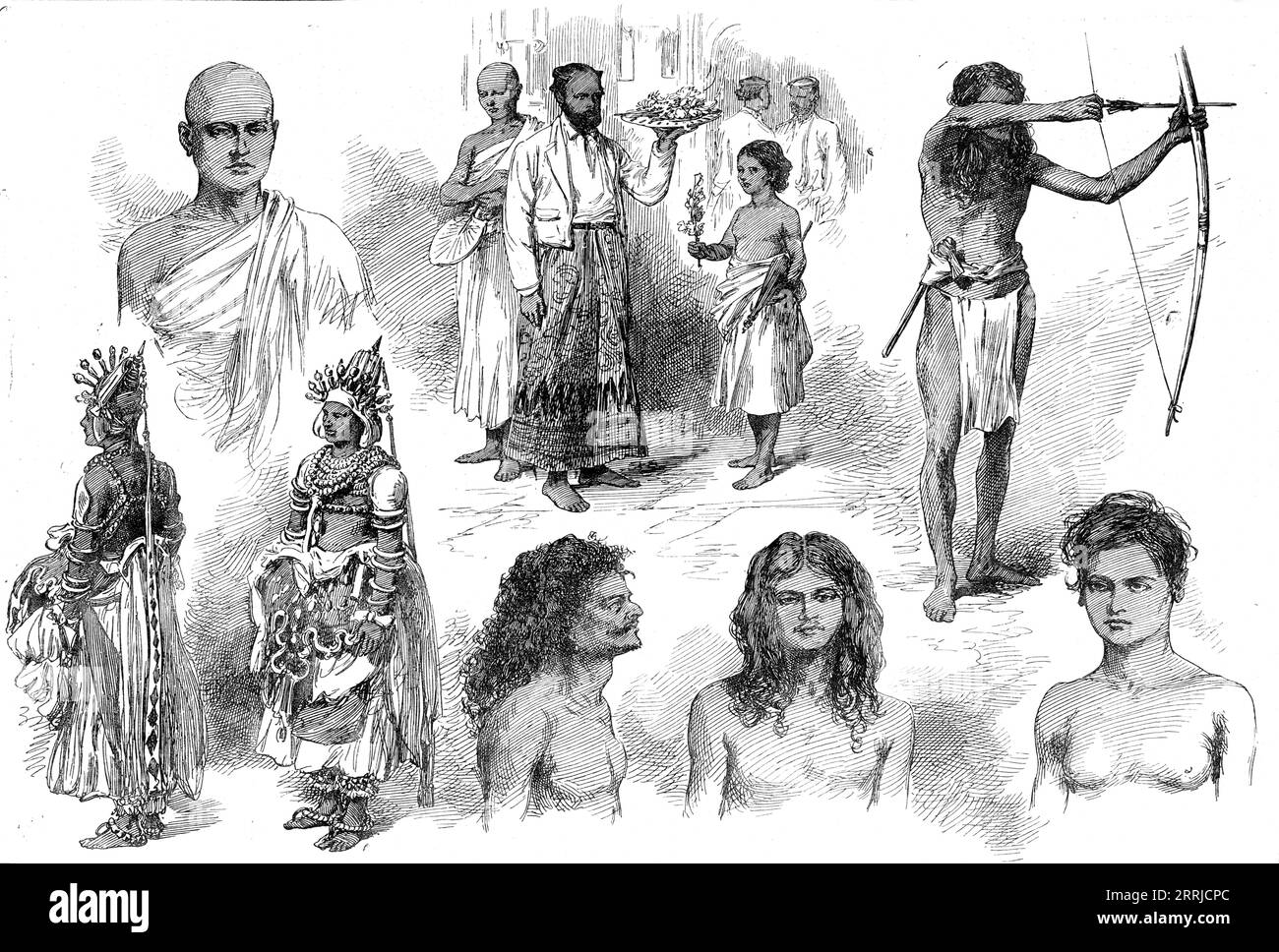 Croquis à Kandy, Ceylan, par un de nos artistes spéciaux, 1876. Prêtre du monastère de Malwatta ; danseurs du temple de la Pera-Hara ; Offres de fleurs à la porte du temple de la dent ; Manika, la gemme...Dawuti, un Vedda ; Ran-Manika, le joyau d'or ; une Vedda Maiden... les Veddas, qui habitent les parties les plus isolées de Ceylon...derive leur subsistance des productions naturelles du sol et de la forêt et de la chasse. Un tissu autour des reins est le seul vêtement porté par eux...[ce sont les] aborigènes du pays, une race sauvage dégradée peu au-dessus du bushman... en couleur ils sont très dar Banque D'Images