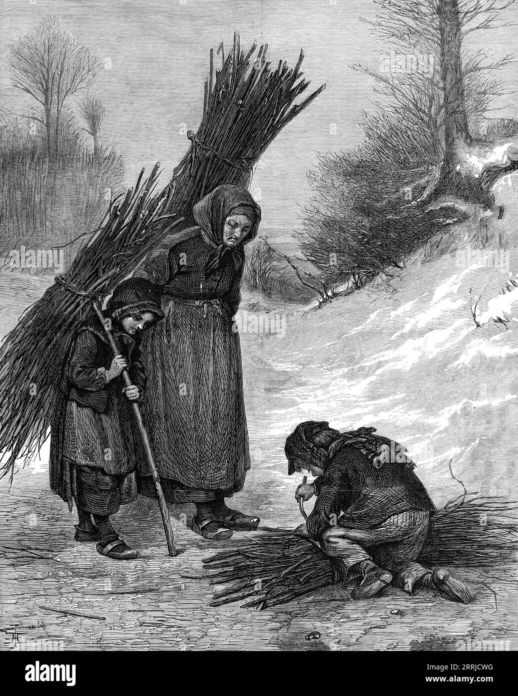 "Gathering Wood" par Edouard FR&#xe8;re, 1876. Gravure d'un tableau. 'Cette exposition récente de picture...from...à la galerie de MM. Agnew, montre le côté le plus pathétique de l'art d'Edouard FR&#xe8;RE et de sa sympathie pour la vie paysanne française. C'est l'hiver et un paysage enneigé ; l'occupation des personnages parle de pauvreté, de privations et de travail par tous les temps ; et le travail doit être partagé par le grand-père âgé et les plus jeunes enfants. Le seul combustible procurable pour garder à l'extérieur le froid cruel... et pour faire bouillir la soupe maigre ou le pot-au-feu doit être recueilli dans un bois ou c Banque D'Images