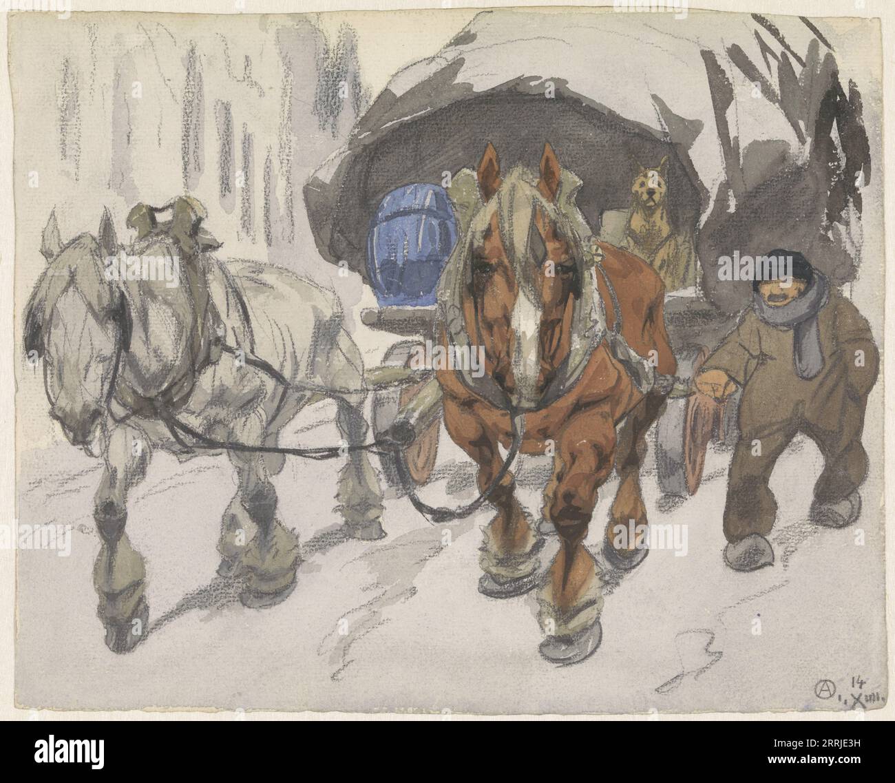 Wagon couvert avec deux chevaux, 1914. Banque D'Images