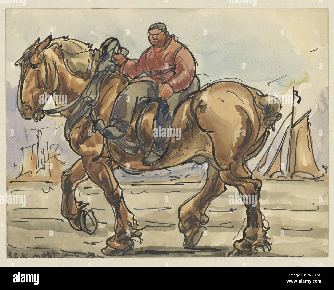 Homme monté à cheval sur un cheval de trait, 1939. Banque D'Images