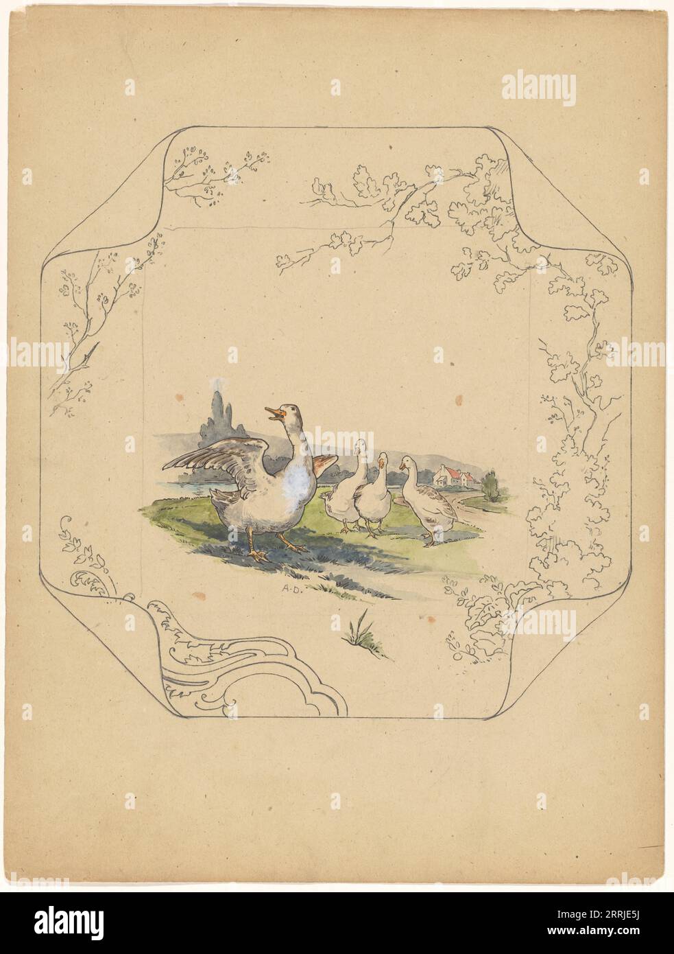Conception pour planche modèle 'carré' avec quatre oies, c.1875-c.1880. Banque D'Images Conception pour planche modèle 'carré' avec quatre oies, c.1875-c.1880. Banque D'Images