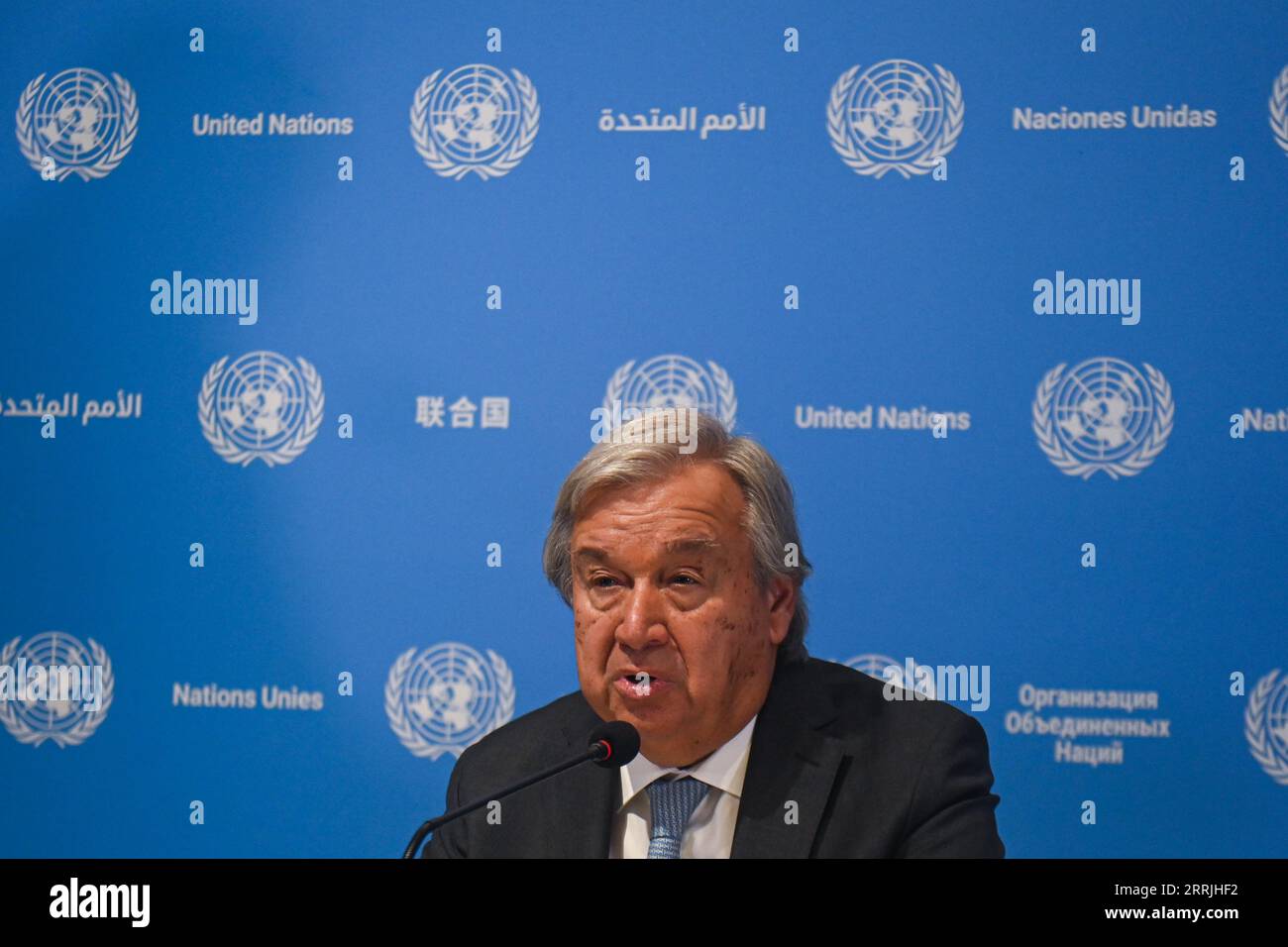 New Delhi, Delhi, Inde. 8 septembre 2023. Le Secrétaire général des Nations Unies AntÃ³nio Guterres prononce une conférence de presse avant le Sommet du G20 à New Delhi, en Inde, le 8 septembre 2023. (Image de crédit : © Kabir Jhangiani/ZUMA Press Wire) USAGE ÉDITORIAL SEULEMENT! Non destiné à UN USAGE commercial ! Banque D'Images