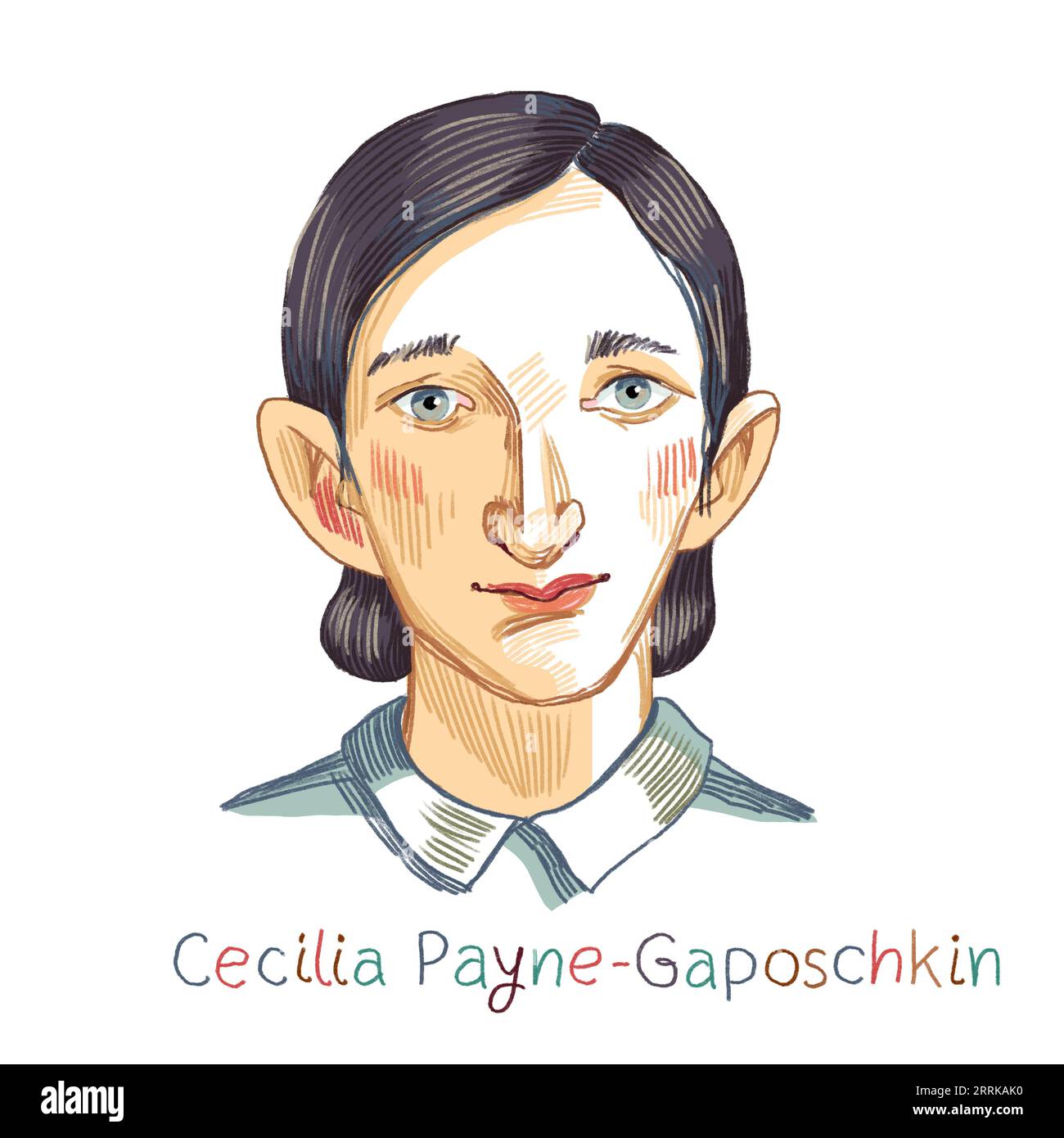 Tbilissi, Géorgie - 07.09.2023 Cecilia Payne-Gaposchkin Portrait hachuré au crayon de couleur sur fond blanc. Astronome américain d'origine britannique et astro Banque D'Images