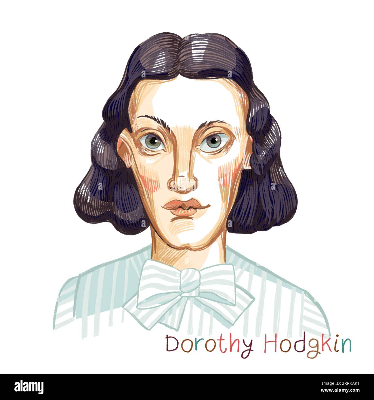 Dorothy Hodgkin crayon de couleur portrait éclos sur fond blanc. Chimiste britannique lauréat du prix Nobel, qui a fait progresser la technique du cristal de rayons X. Banque D'Images