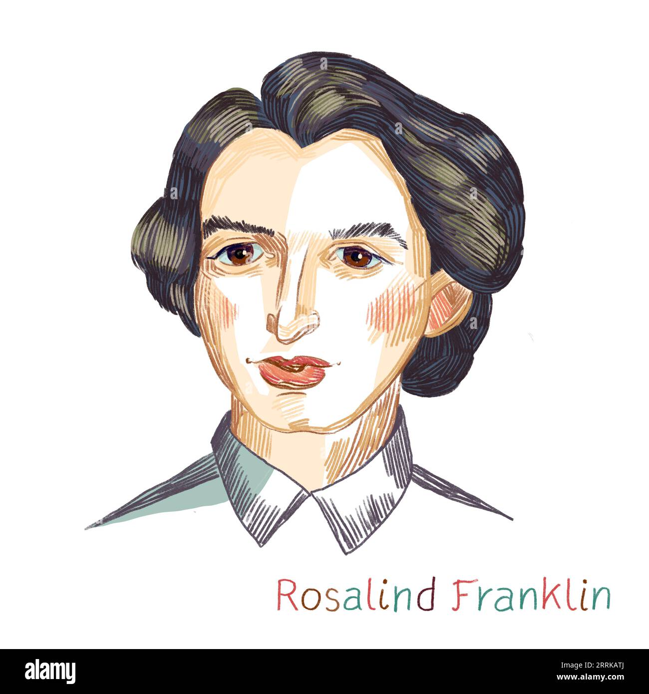 Rosalind Franklin portrait hachuré au crayon de couleur sur fond blanc. Chimiste britannique et cristallographe aux rayons X. Banque D'Images