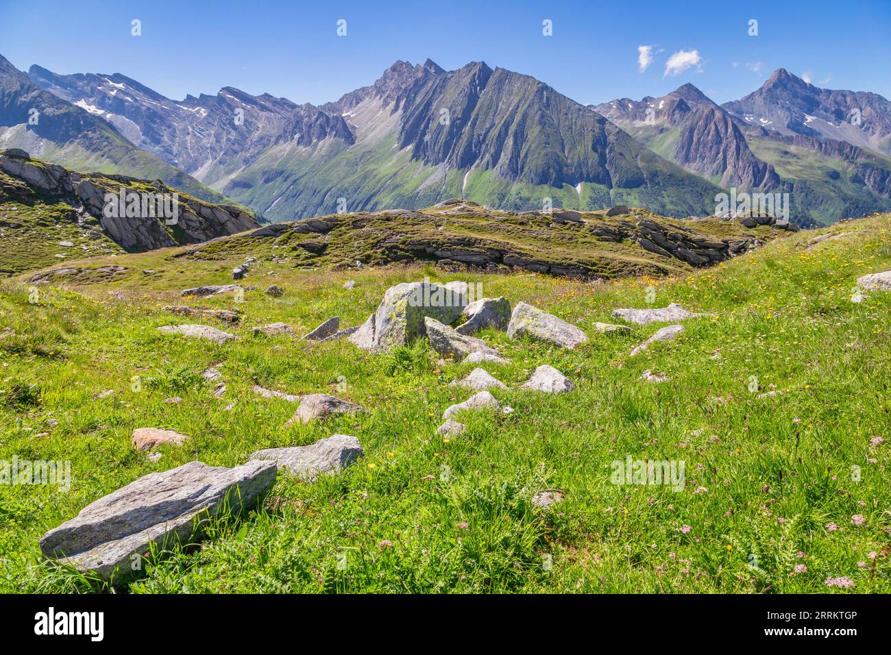 Italie, Tyrol du Sud, passo di Vizze / Pfitscher Joch, quelques sommets des Alpes du Zillertal, de gauche Röteck, Rotalpe et Engberg, dans le centre Rotes Beil et Pletzenspitz, derrière la droite le Felbe et Grabspitz Banque D'Images