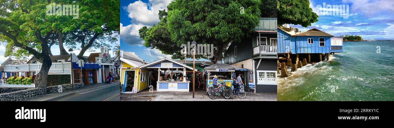 Les magasins de la rue Lahaina Front Street sont maintenant complètement détruits par l'incendie. Banque D'Images
