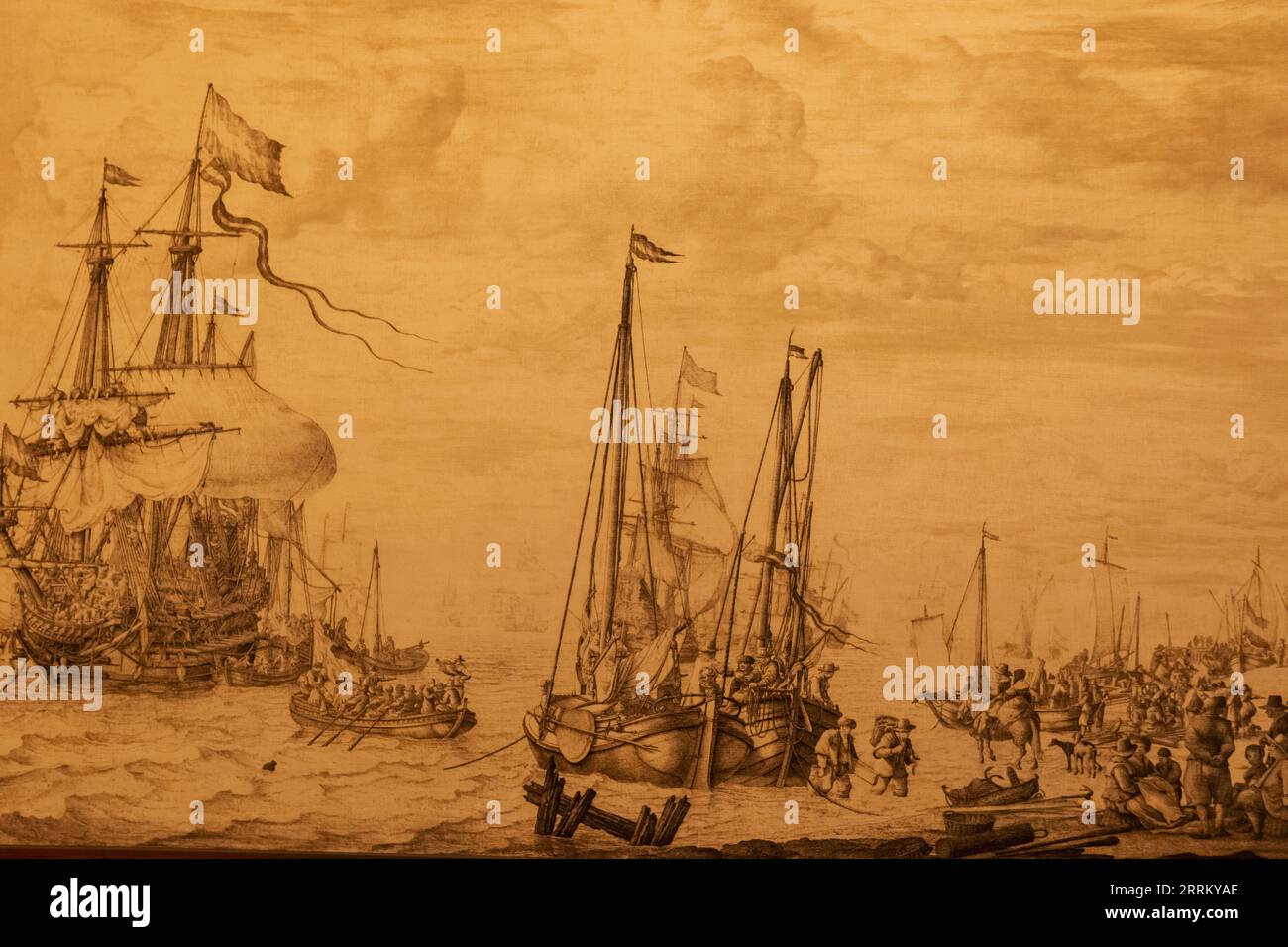 Angleterre, Londres, Greenwich, la maison de la Reine, peinture à la plume représentant les navires hollandais arrivant à l'ancre près de la rive par Willem Van de Velde l'ancien Banque D'Images