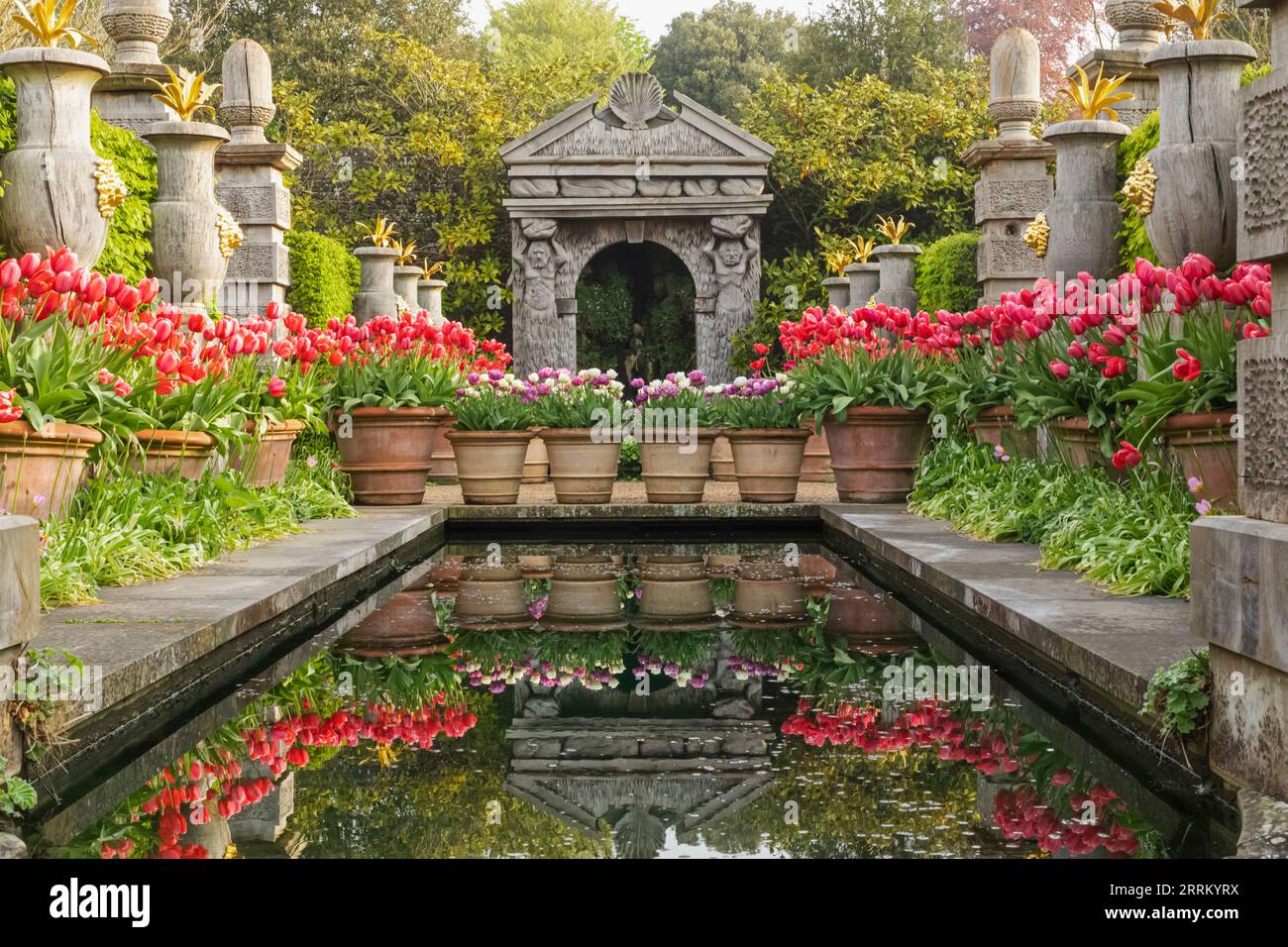 Angleterre, Sussex, West Sussex, Arundel, Château d'Arundel, Les jardins, l'eau et les fontaines avec des tulipes dans Bloom Banque D'Images