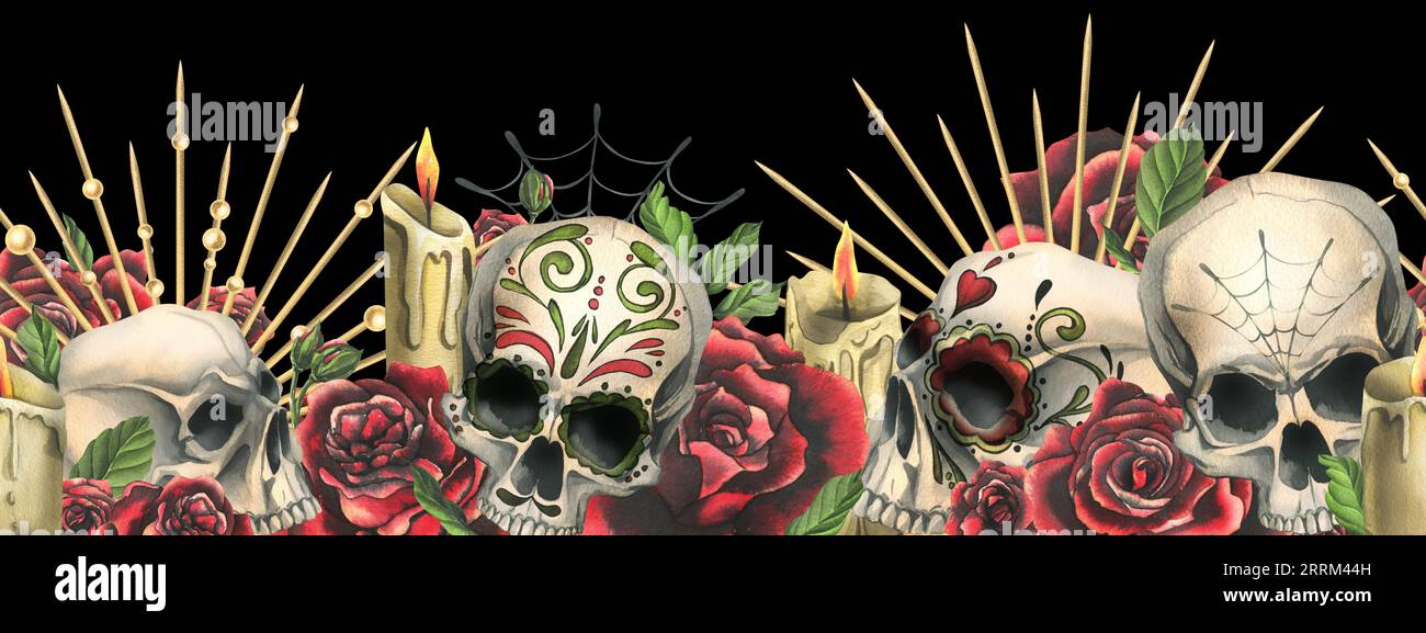 Crânes humains avec un ornement, roses rouges dans une couronne d'or, bougies, toiles d'araignée. Illustration d'aquarelle dessinée à la main pour Halloween, jour des morts, Dia Banque D'Images