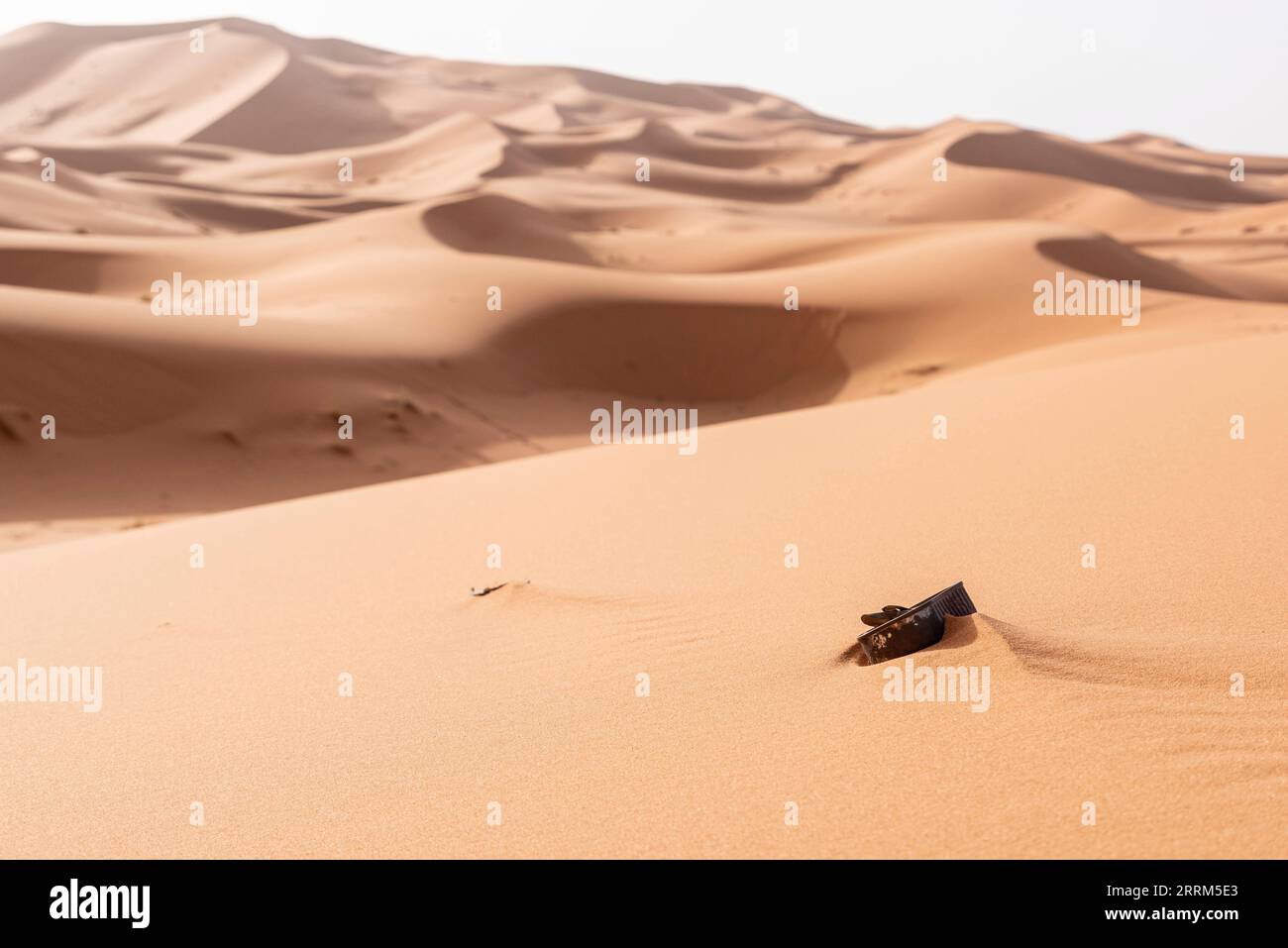 Une boîte de poisson laissée derrière, polluant le désert du Sahara, au Maroc Banque D'Images