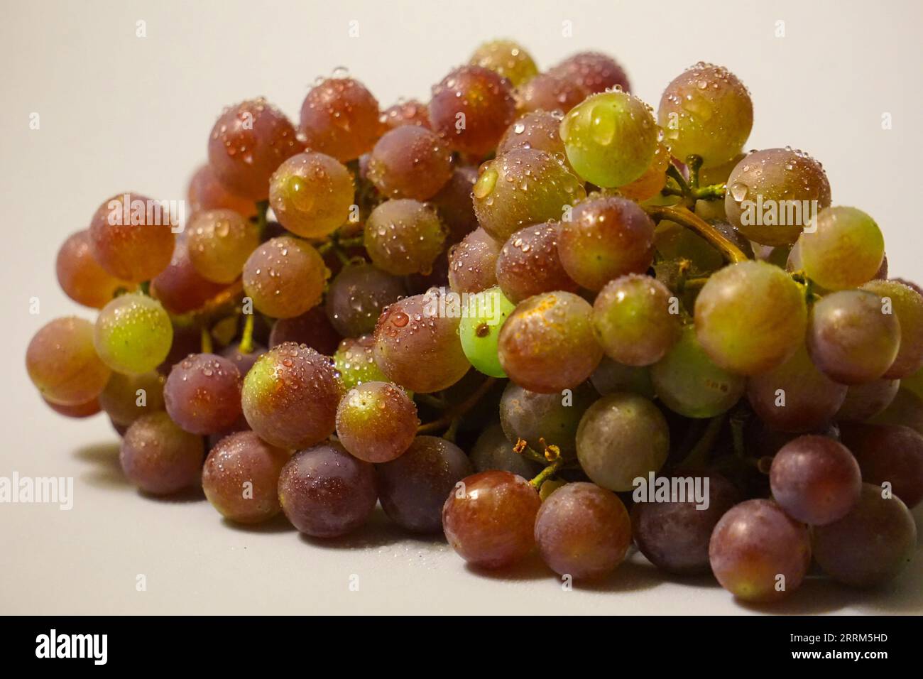 Dans cette charmante composition de natures mortes, des grappes de raisins Pink Muscatel occupent le devant de la scène, ornées de gouttelettes d'eau scintillantes. Banque D'Images
