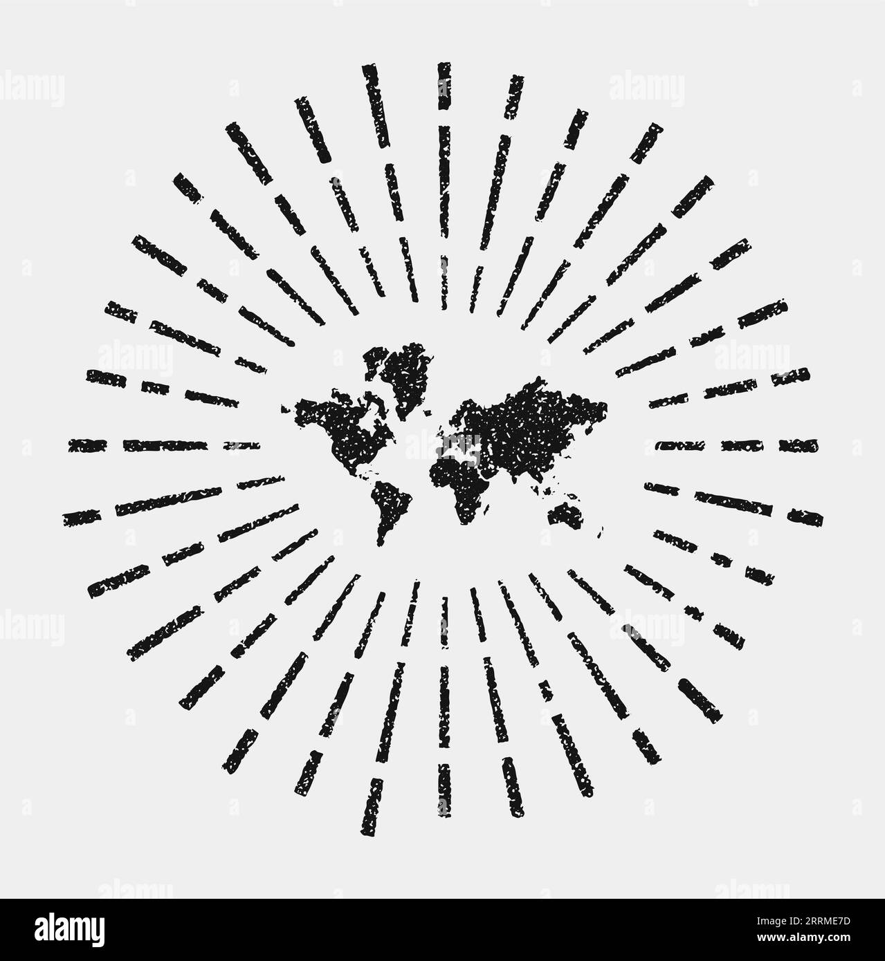 Carte vintage du monde. Grunge Sunburst autour du monde. Forme noire avec des rayons du soleil sur fond blanc. Illustration vectorielle. Illustration de Vecteur