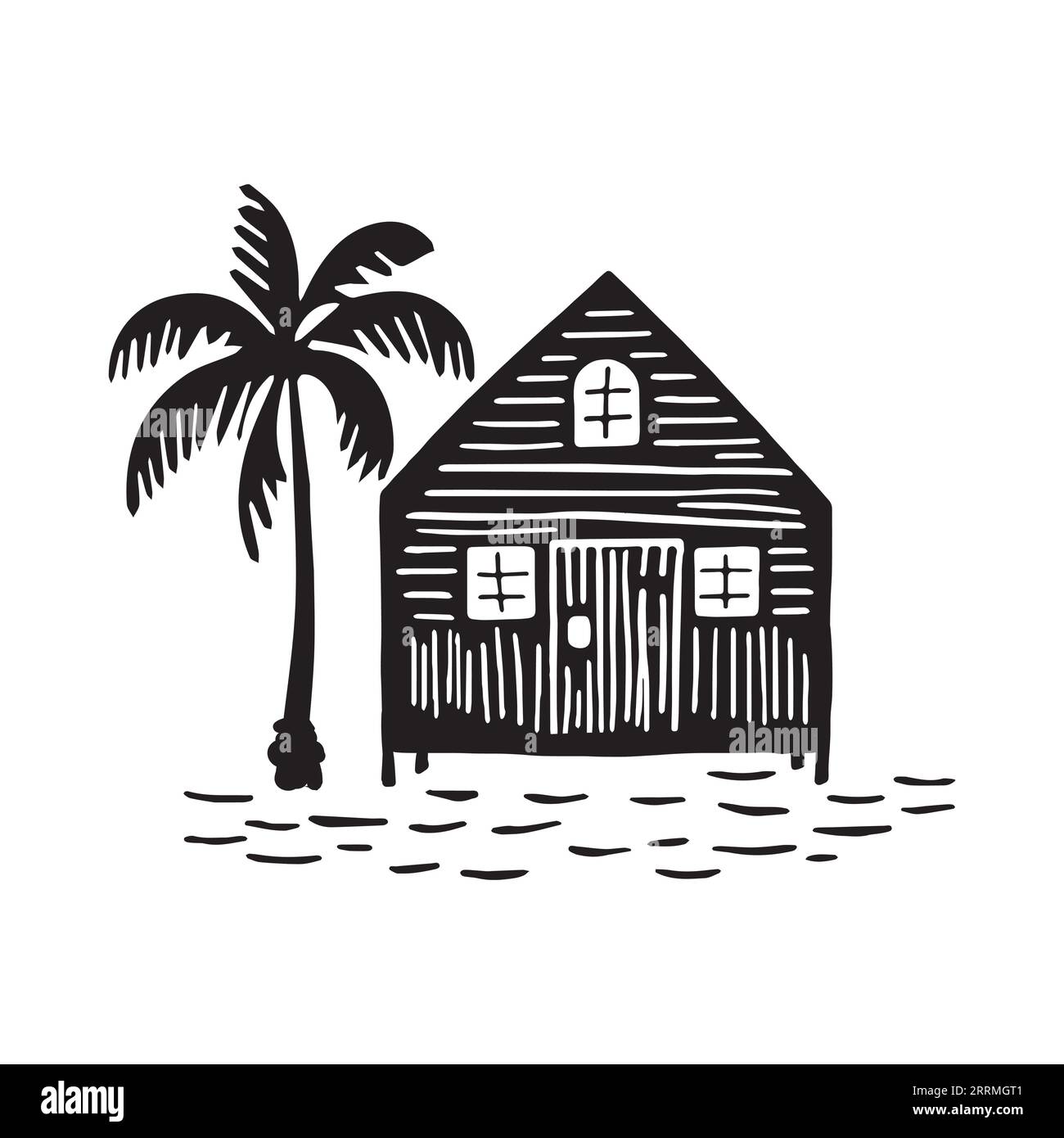 Illustration d'impression de bloc de cabane de plage fantaisiste pour le concept de voyage tropical. Vecteur maison côtière avec palmier stylisé pour les vacances. Illustration de Vecteur