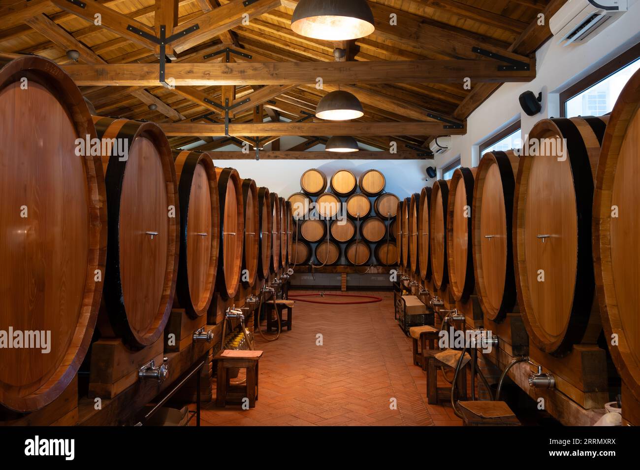 Vins blancs, roses et rouges secs et doux en grands et petits fûts à vendre dans les caves à vin en Italie, Latium Banque D'Images