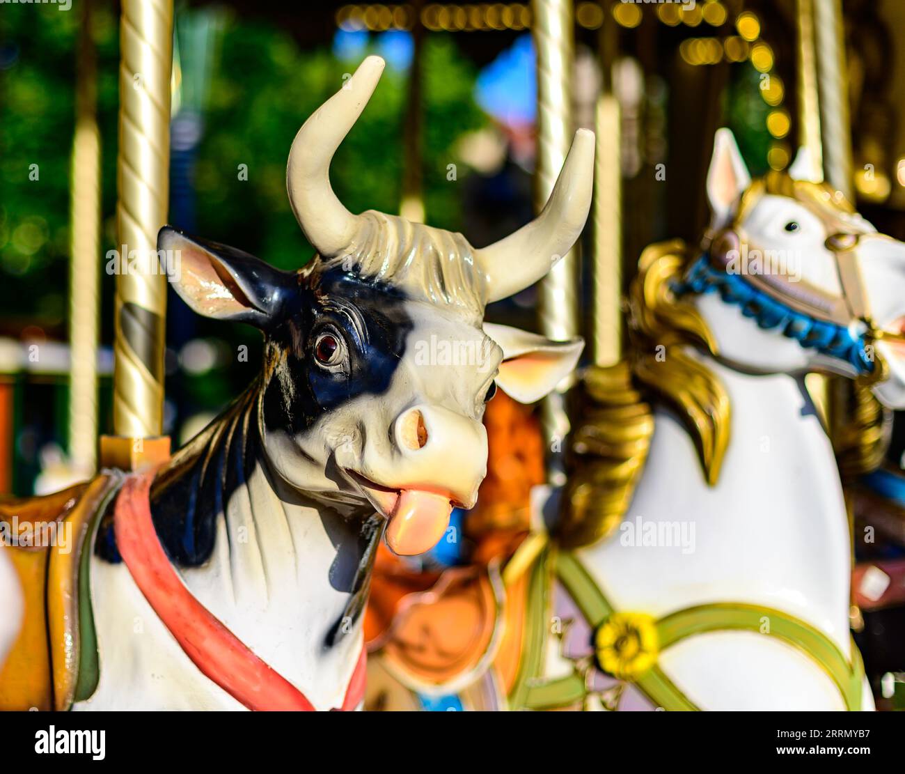 Vache colorée sur le traditionnel vieux caroussel français dans le parc de la ville en journée ensoleillée, Troys, Champagne, France Banque D'Images