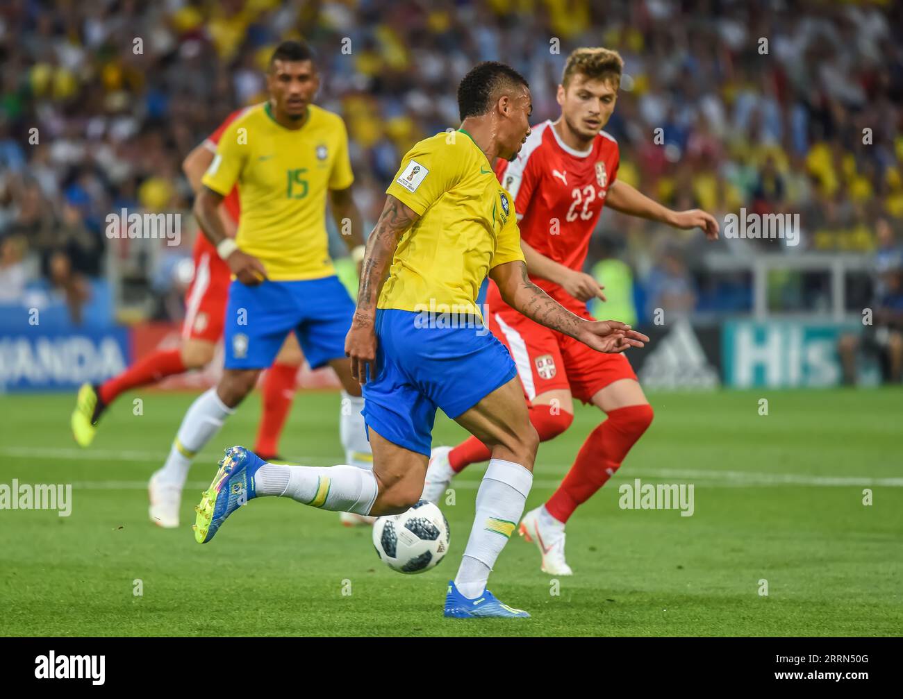 Moscou, Russie - 27 juin 2018. L'attaquant de l'équipe nationale de football du Brésil Gabriel Jesus en action lors du match de la coupe du monde de la FIFA 2018 Serbie vs Brésil (0-2) Banque D'Images