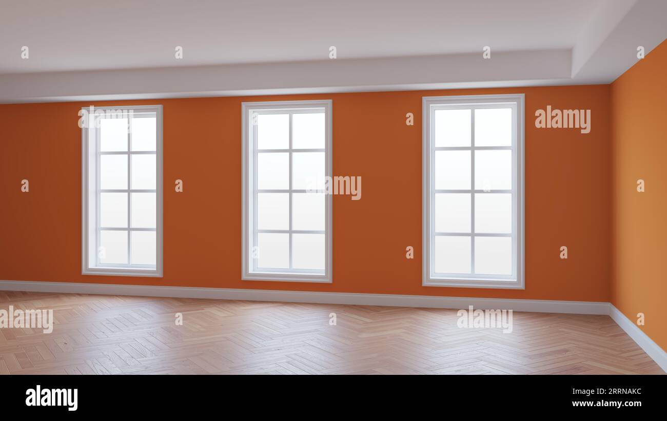 Intérieur avec murs orange, trois grandes fenêtres, parquet à chevrons brillant clair et plinthe blanche. Beau concept non meublé de la Chambre. Illustration 3D, Ultra HD 8k, 7680x4320, 300 dpi Banque D'Images