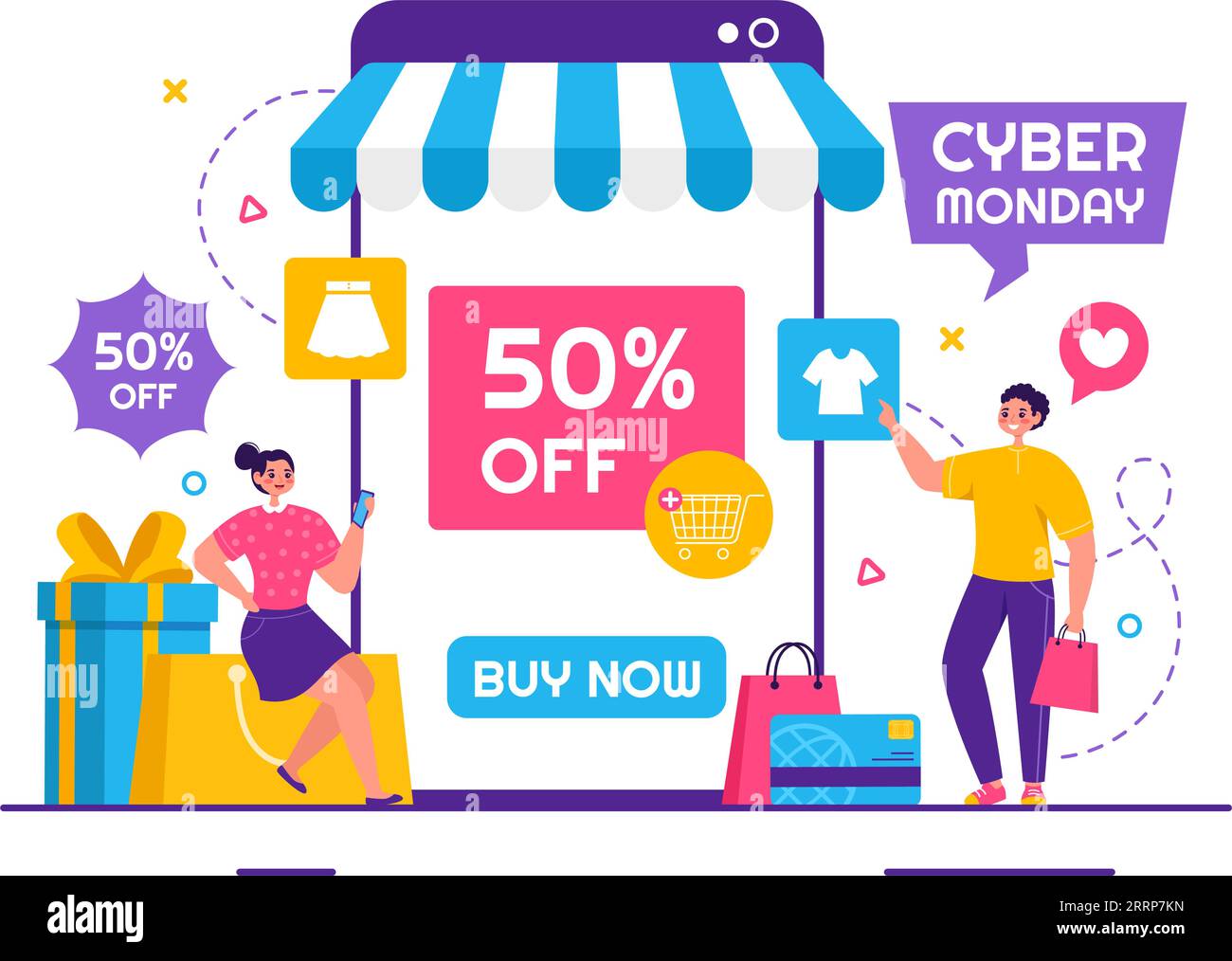 Cyber Monday Event Vector Illustration avec Super sale et Big Discount achète des marchandises dans des sacs en papier pour des promotions dans le fond plat de dessin animé Illustration de Vecteur