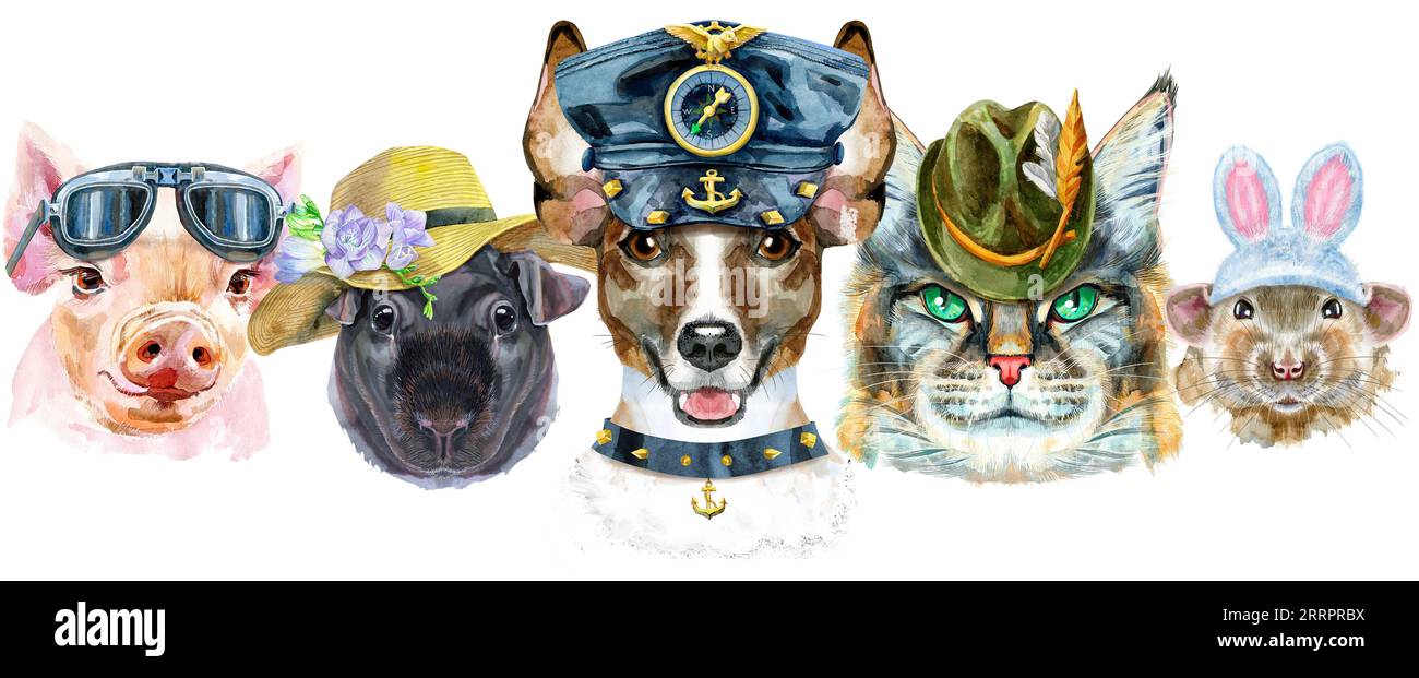 Bordure pour animaux de compagnie. Dessin aquarelle peint à la main, isoler clip art sur fond blanc. Conception de bannière Banque D'Images