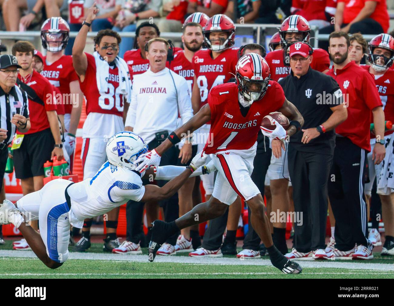 Bloomington, États-Unis. 08 septembre 2023. BLOOMINGTON, INDIANA - 8 SEPTEMBRE : le receveur des Hoosiers de l'Indiana Donaven McCulley (1) joue contre Indiana State le 8 septembre 2023 à Bloomington, Indiana. IU a battu Indiana State 41-7. Crédit : Jeremy Hogan/Alamy Live News Banque D'Images