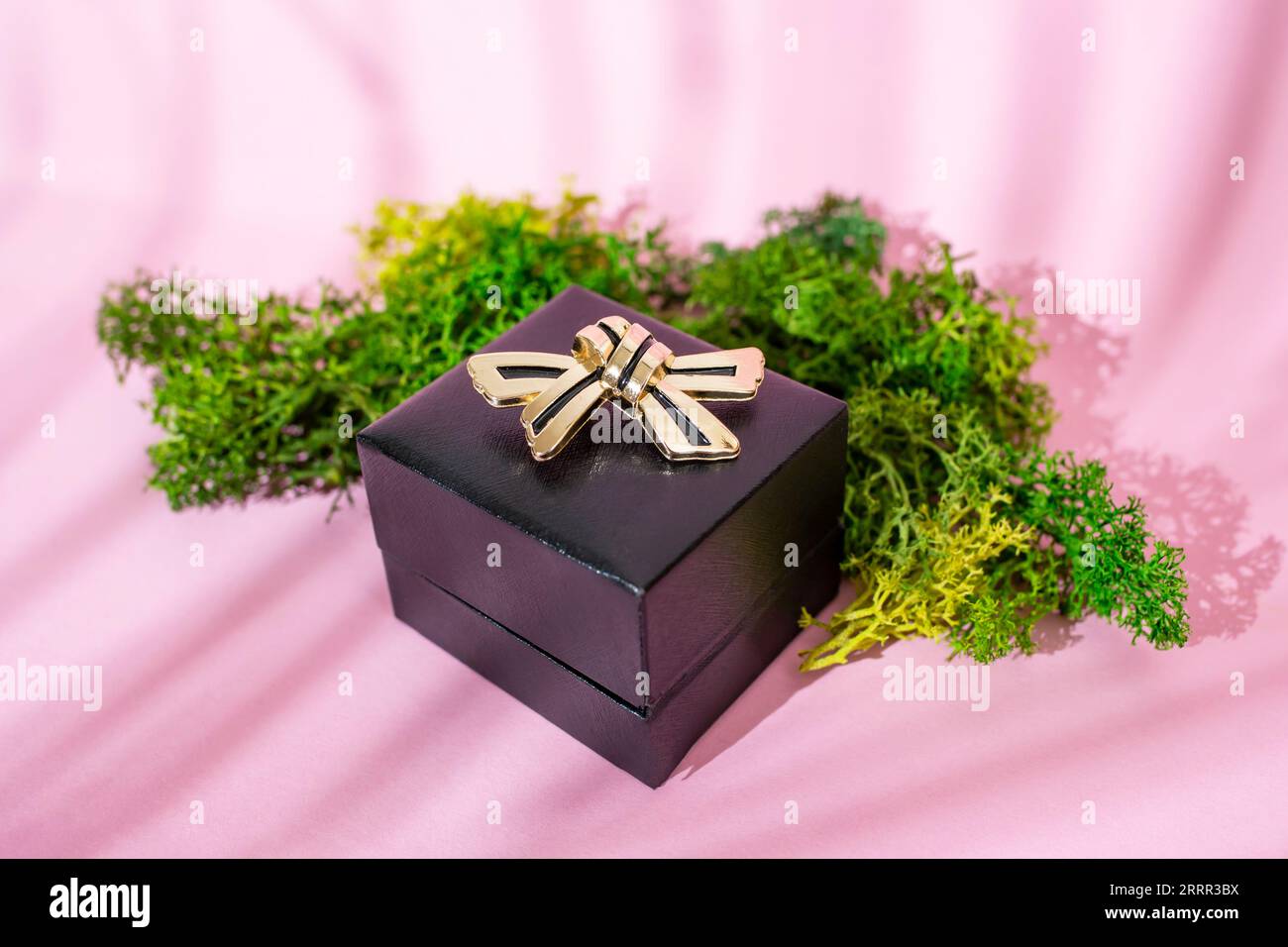 Broche dorée en forme d'arc sur une boîte à bijoux noire à côté de lichen vert sur fond rose avec des ombres de feuilles de palmier, gros plan Banque D'Images