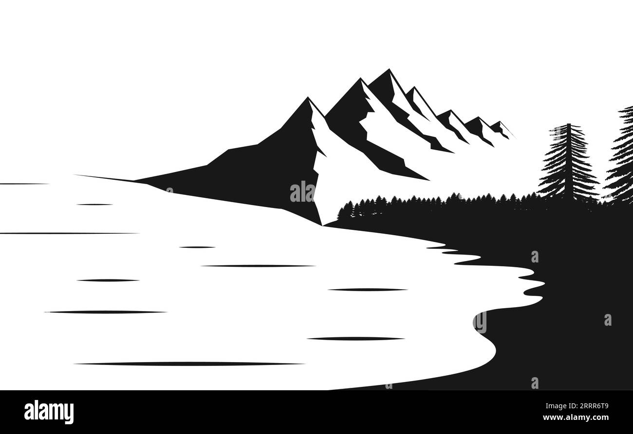 Paysage d'arbres forestiers de lac de pic de montagne. Fond de vecteur d'espace négatif noir et blanc Illustration de Vecteur