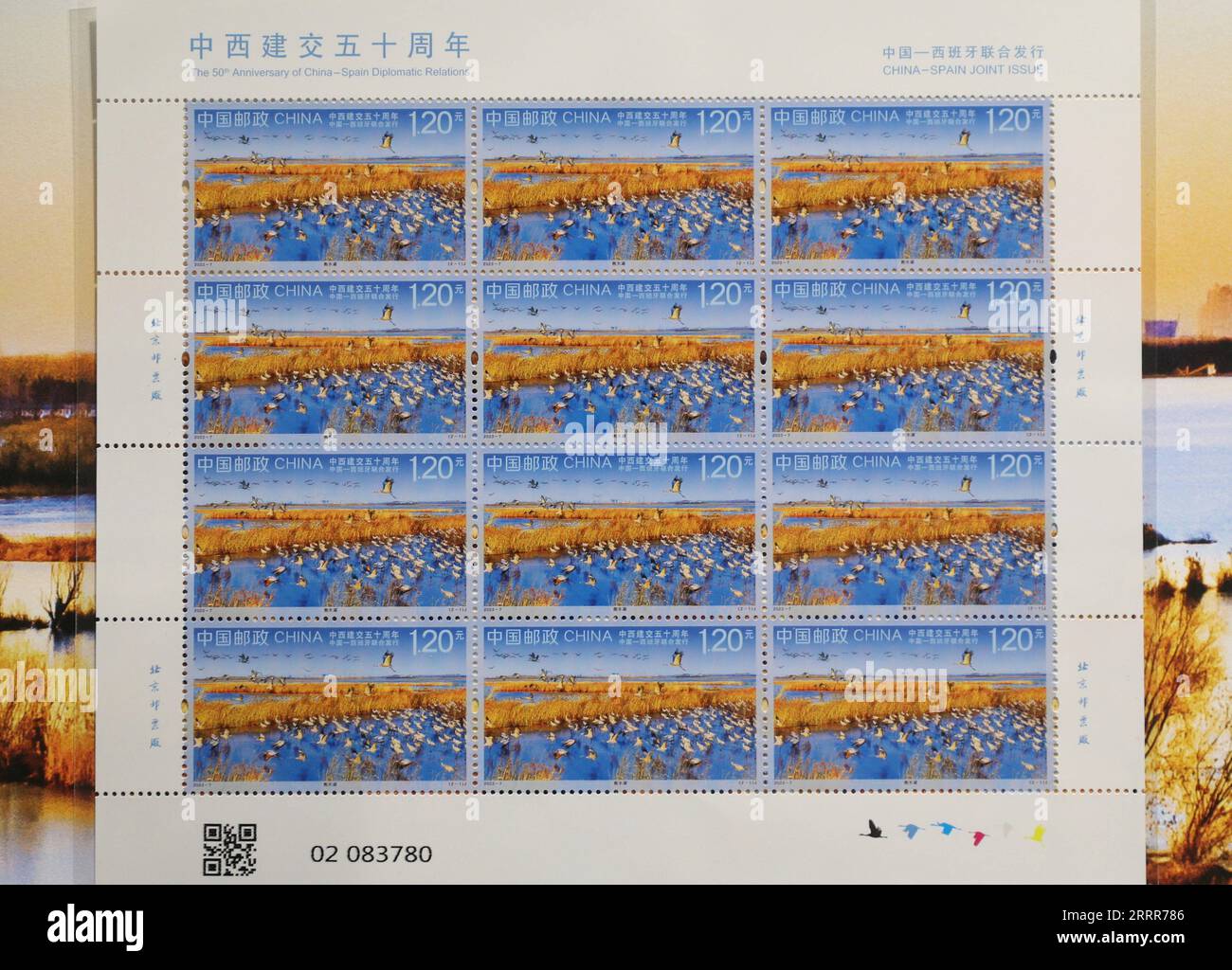 230511 -- SHIJIAZHUANG, le 11 mai 2023 -- cette photo prise le 10 mai 2023 montre des timbres marquant le 50e anniversaire de l'établissement de relations diplomatiques entre la Chine et l'Espagne à Hengshui, dans la province du Hebei du nord de la Chine. Une série de 50 timbres a été émise mercredi pour marquer le 50ème anniversaire de l'établissement de relations diplomatiques entre la Chine et l'Espagne. Les timbres, représentant la Laguna de Fuente de Piedra en Espagne et le lac Hengshui dans la province du Hebei au nord de la Chine, ont été conçus par le créateur chinois Ma Lihang. Il est prévu qu'un total de 6,9 millions d'ensembles de la commémorativ Banque D'Images