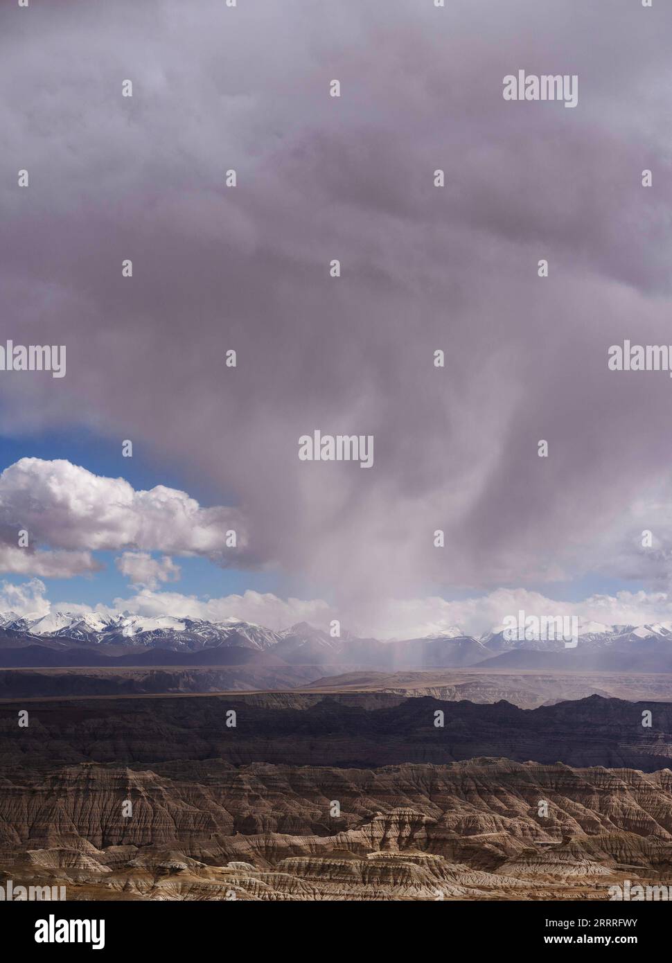 230527 -- LHASSA, 27 mai 2023 -- Un nuage de pluie plane sur la forêt terrestre dans le comté de Zanda, dans la région autonome du Tibet du sud-ouest de la Chine, le 25 mai 2023. Zanda est célèbre pour le paysage unique de la forêt terrestre, qui a été formé par le mouvement géologique et l'érosion du sol. Ces forêts semblent jaunâtres, mais la couleur varie dans différentes parties. CHINE-TIBET-ZANDA-TERRE FORÊT-PAYSAGE CN FEIXMAOHUA PUBLICATIONXNOTXINXCHN Banque D'Images